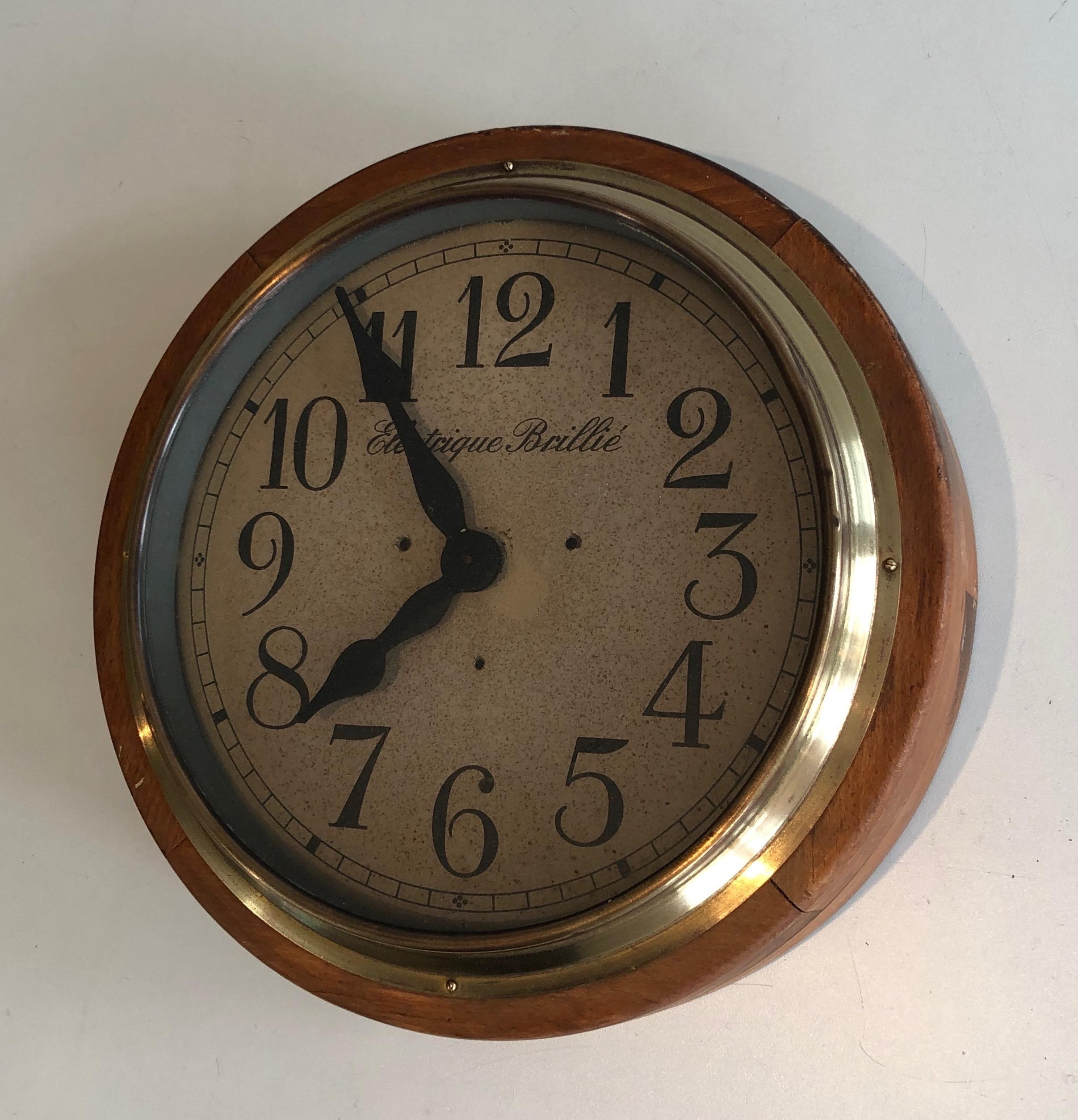 Wood and Brass Clock, Signed Electrique Brillé, French, Circa 1900 In Good Condition In Marcq-en-Barœul, Hauts-de-France