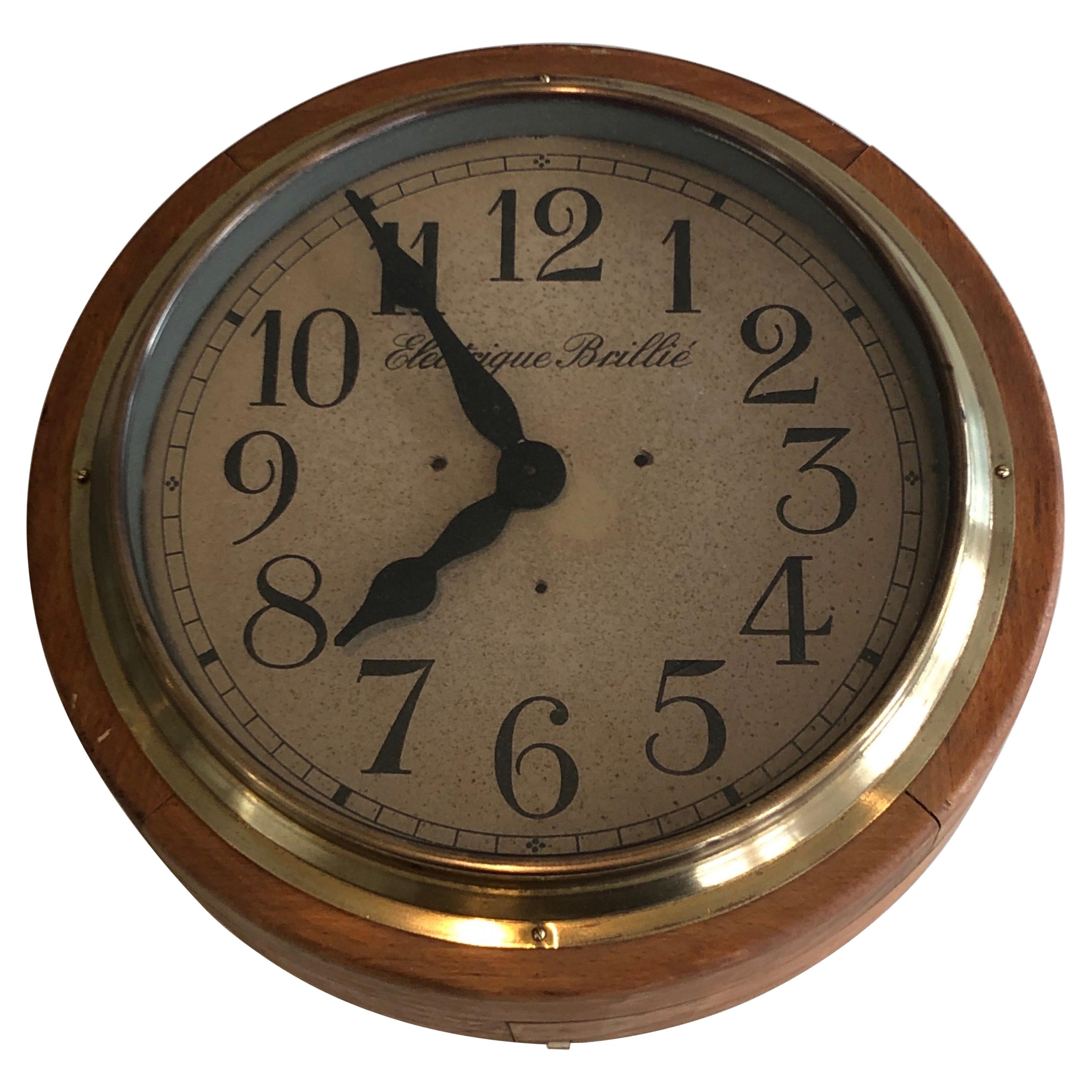 Wood and Brass Clock, Signed Electrique Brillé, French, Circa 1900