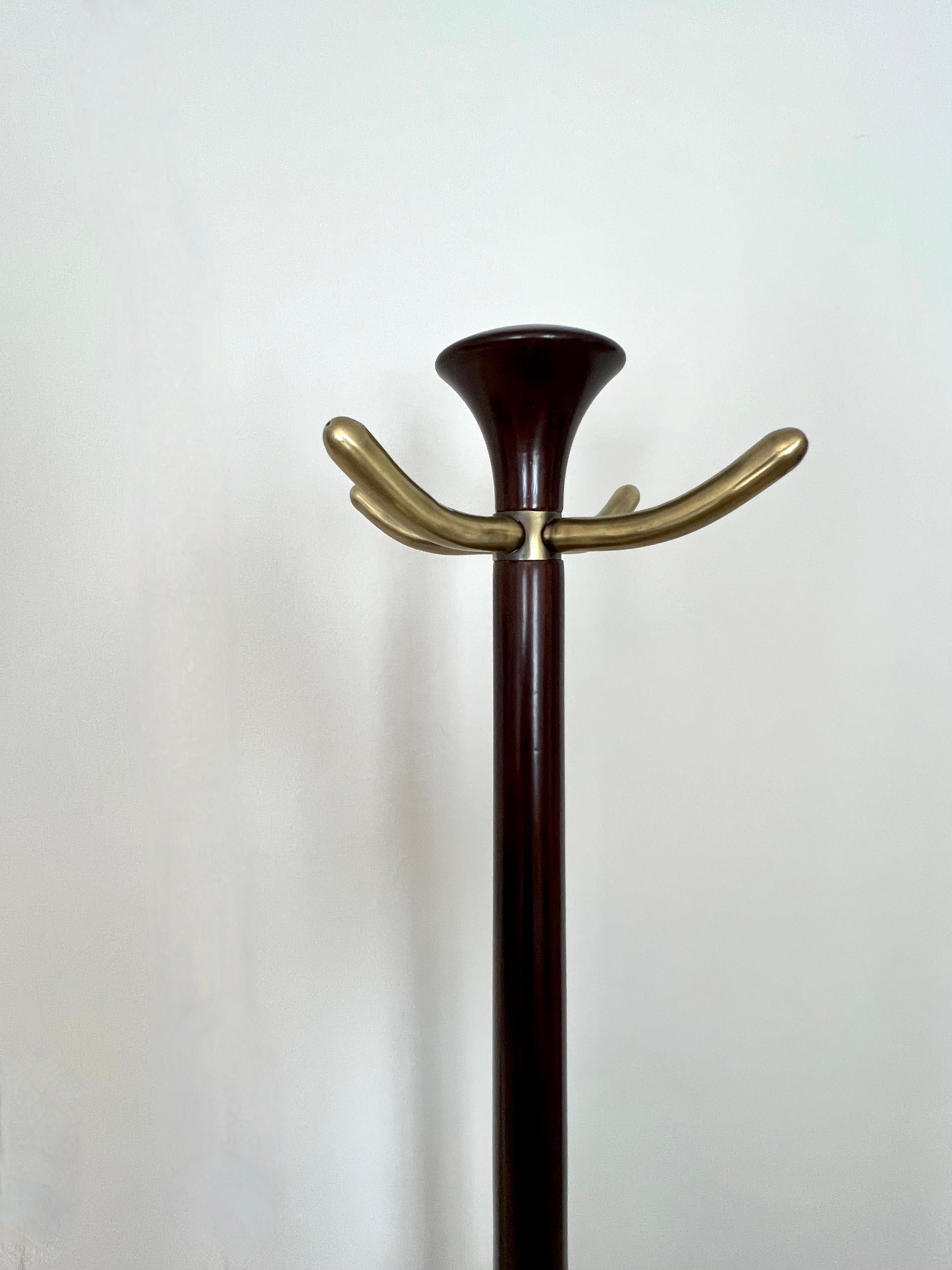Art Deco Wood and Brass Coat Rack in the Style of Italian 1940's For Sale