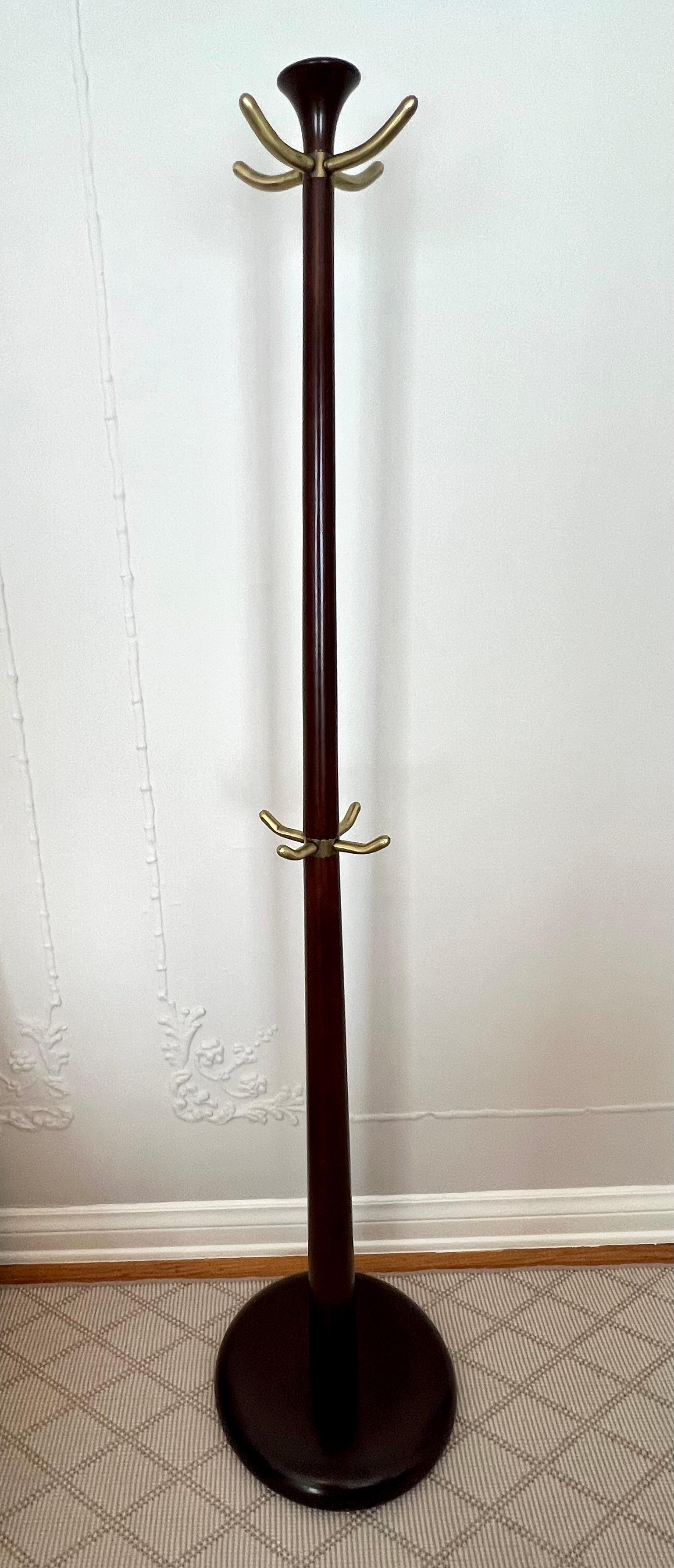 European Wood and Brass Coat Rack in the Style of Italian 1940's For Sale