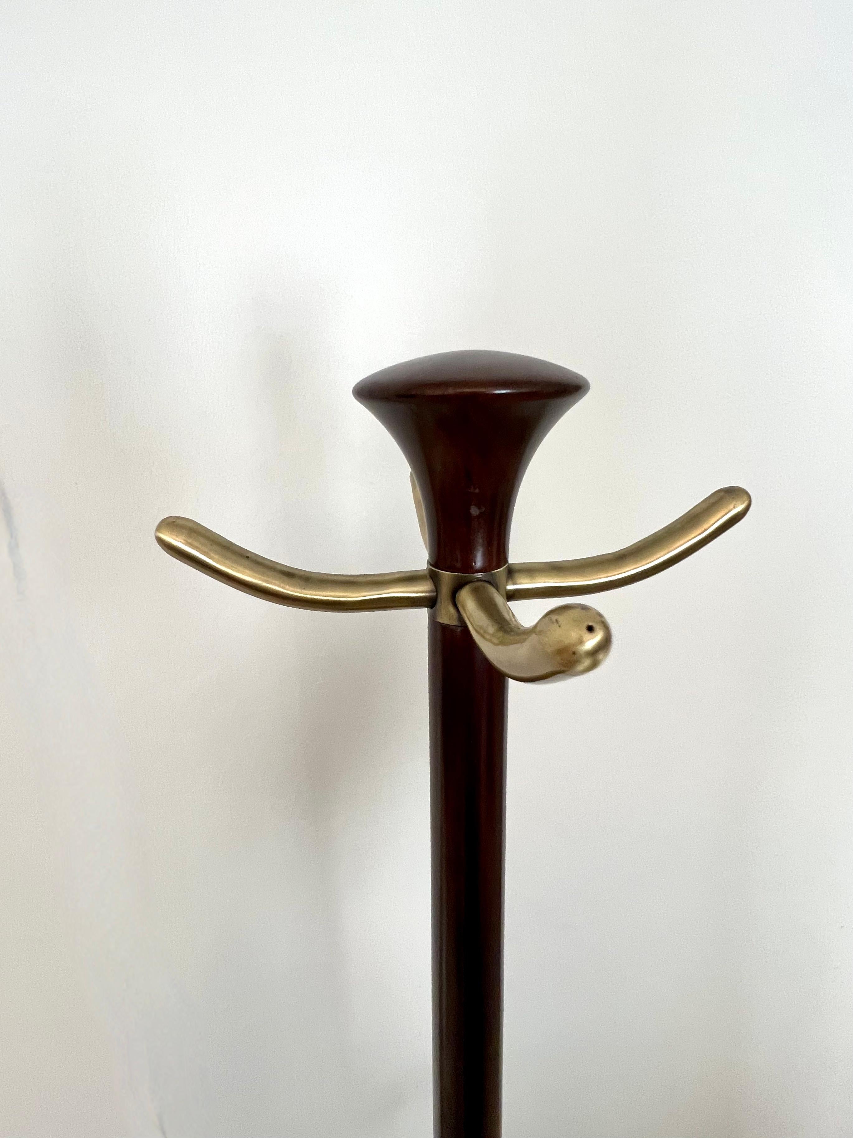 Wood and Brass Coat Rack in the Style of Italian 1940's For Sale 1
