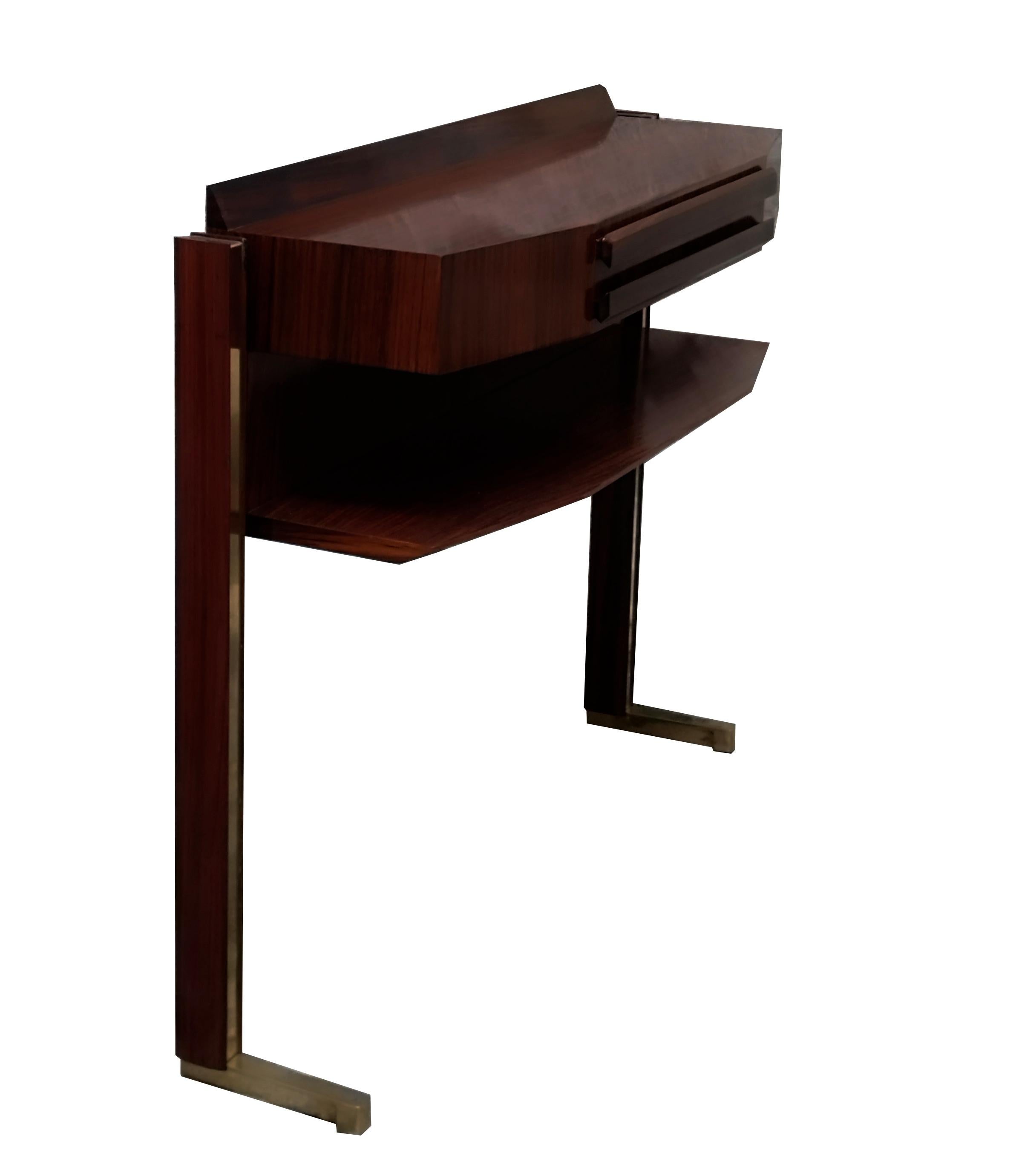 National walnut console table with one drawer and double-T base with elegant brass border. Excellent condition.