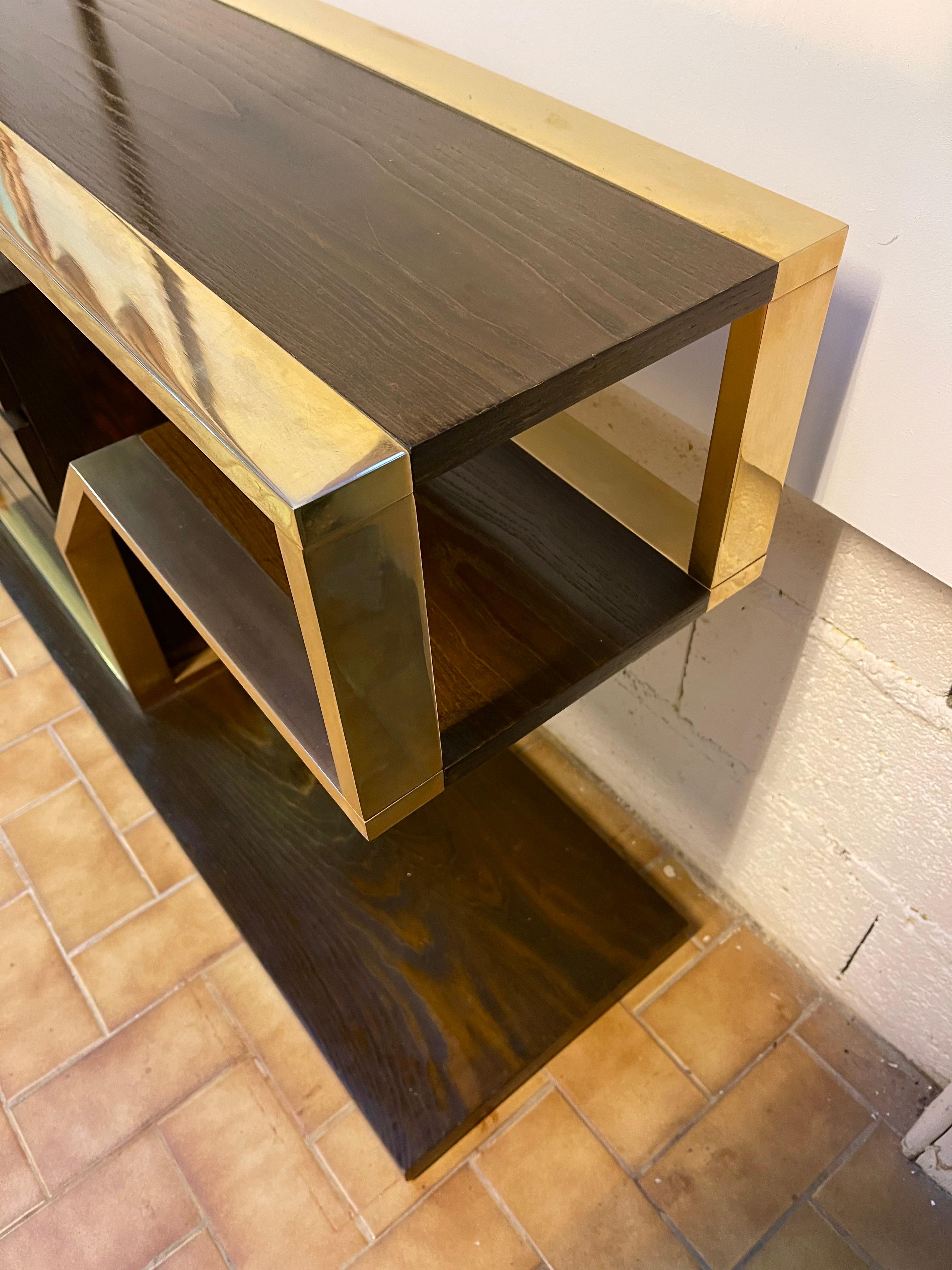 Wood and Brass Console with Drawers, Italy, 1970s 4