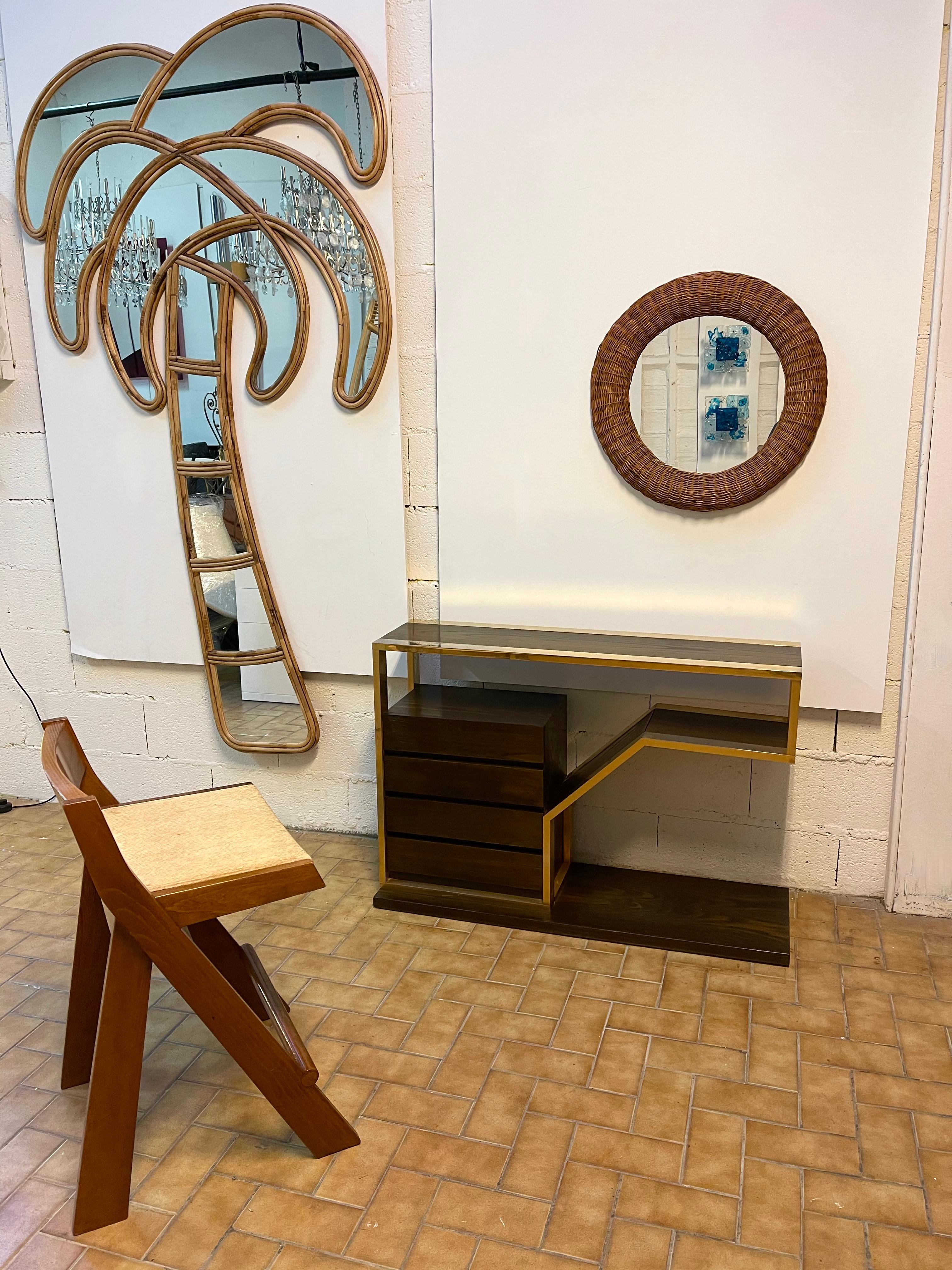 Wood and Brass Console with Drawers, Italy, 1970s 5