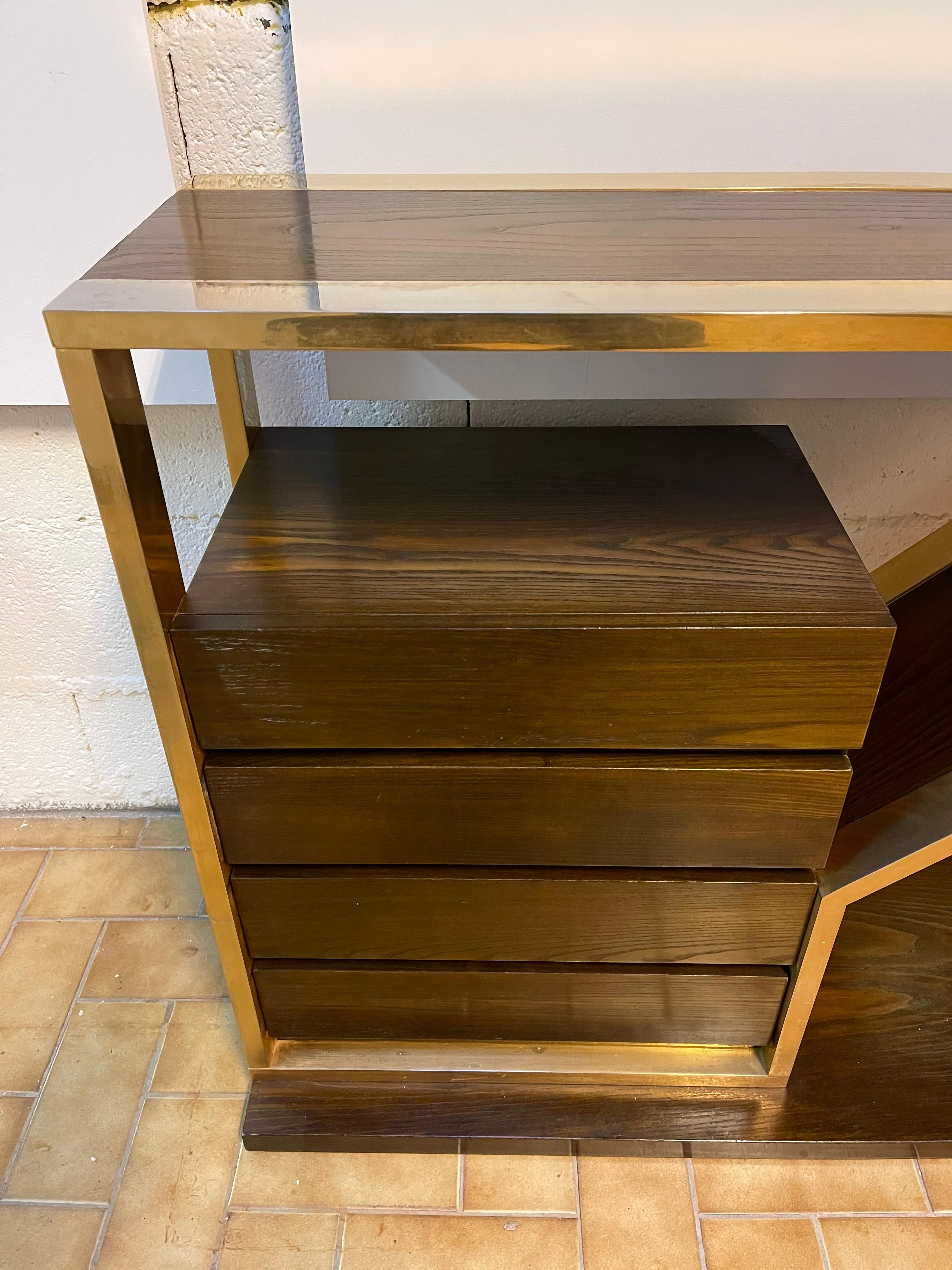 Wood and Brass Console with Drawers, Italy, 1970s 7