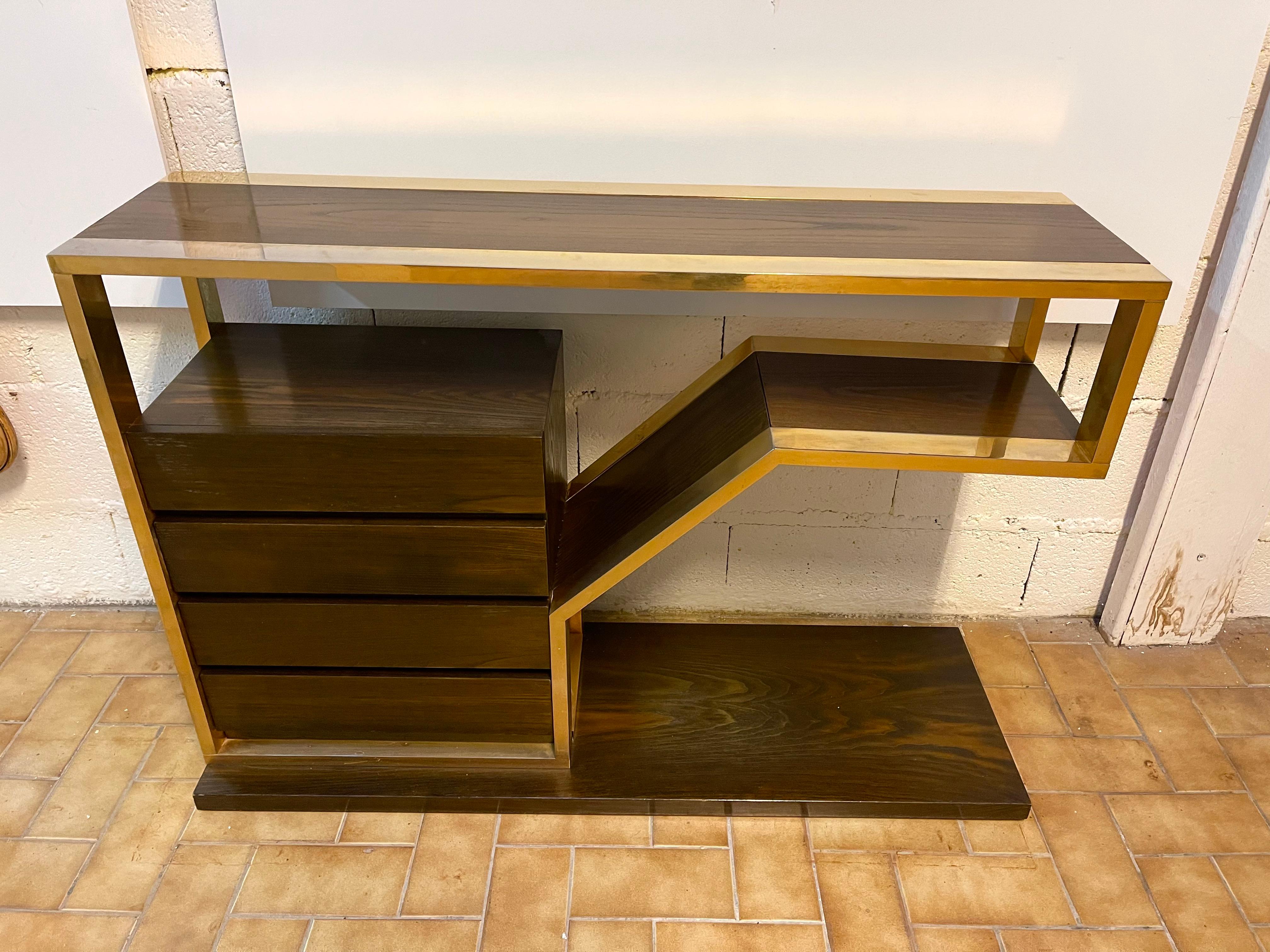 Mid-Century Modern Wood and Brass Console with Drawers, Italy, 1970s