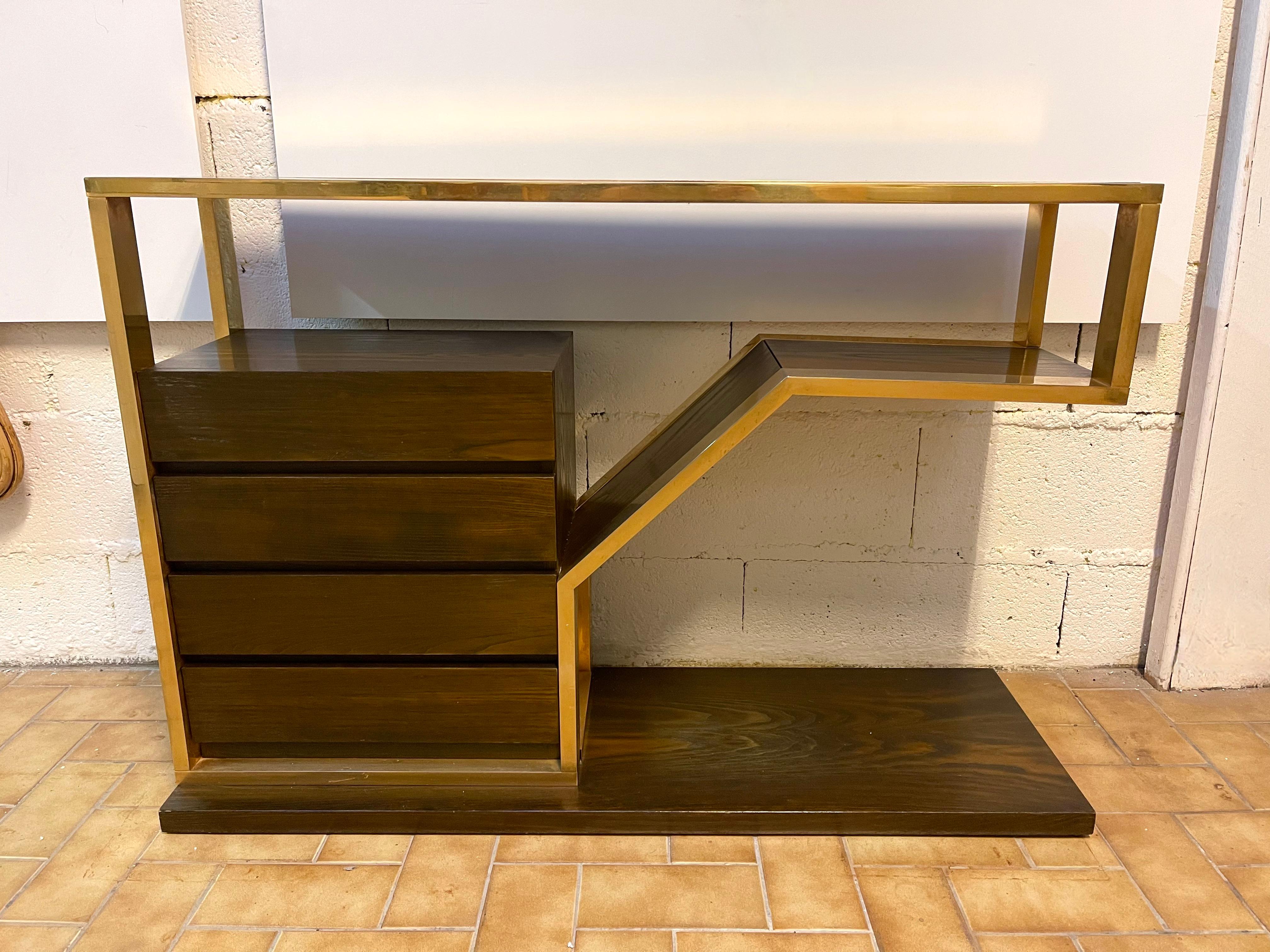 Wood and Brass Console with Drawers, Italy, 1970s 2