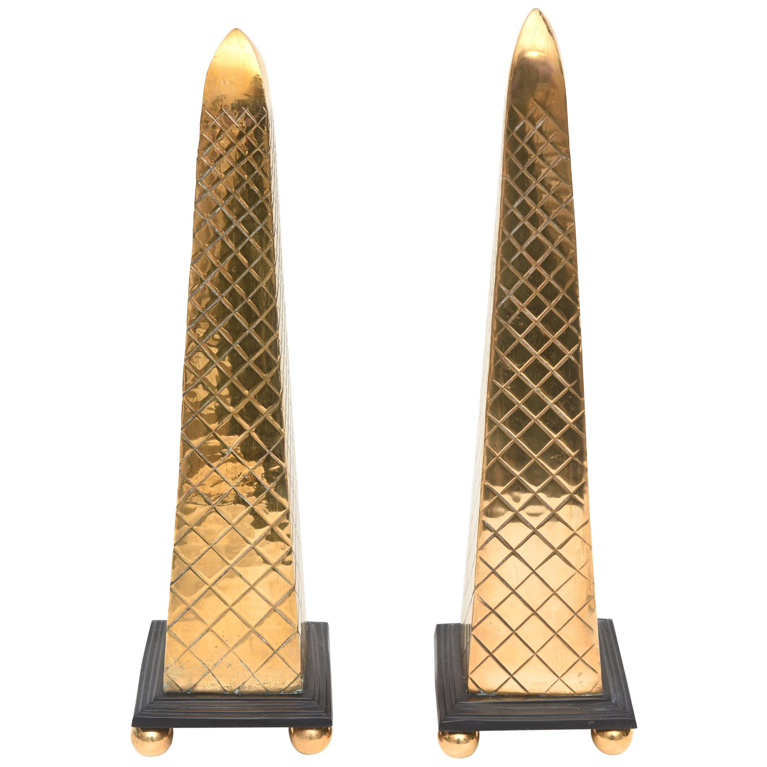 Pair of Wood and Brass Diamond Obelisks Vintage