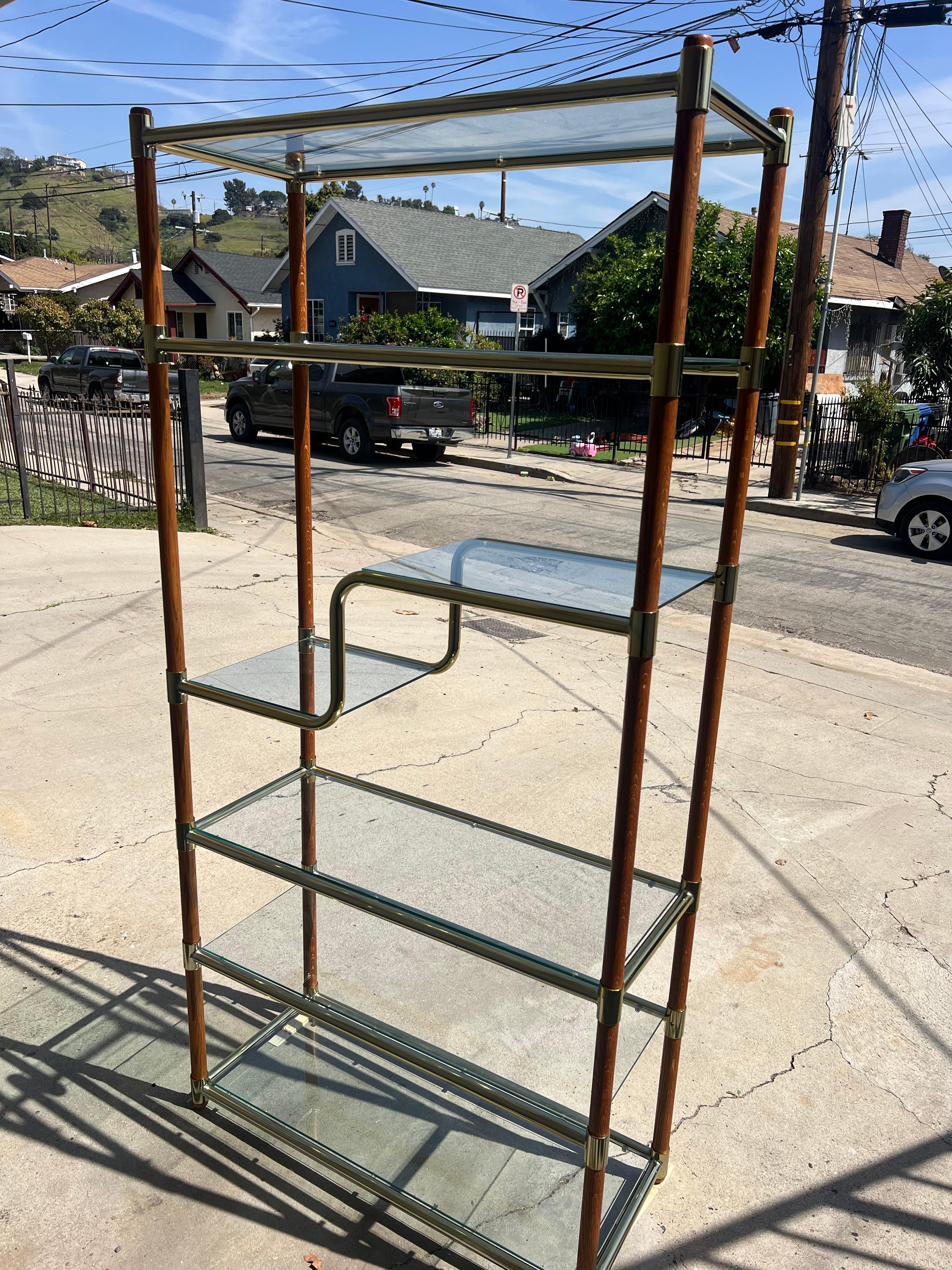Post-Modern Wood and Brass Etagere in the style of Milo Baughman 