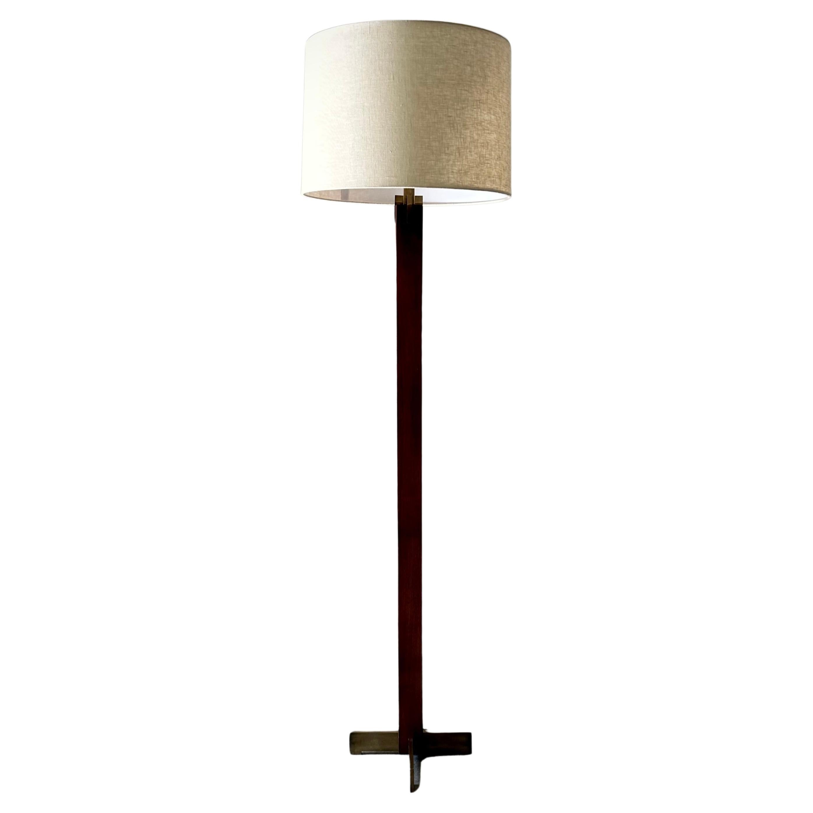 Wood and Brass Floor Lamp For Sale