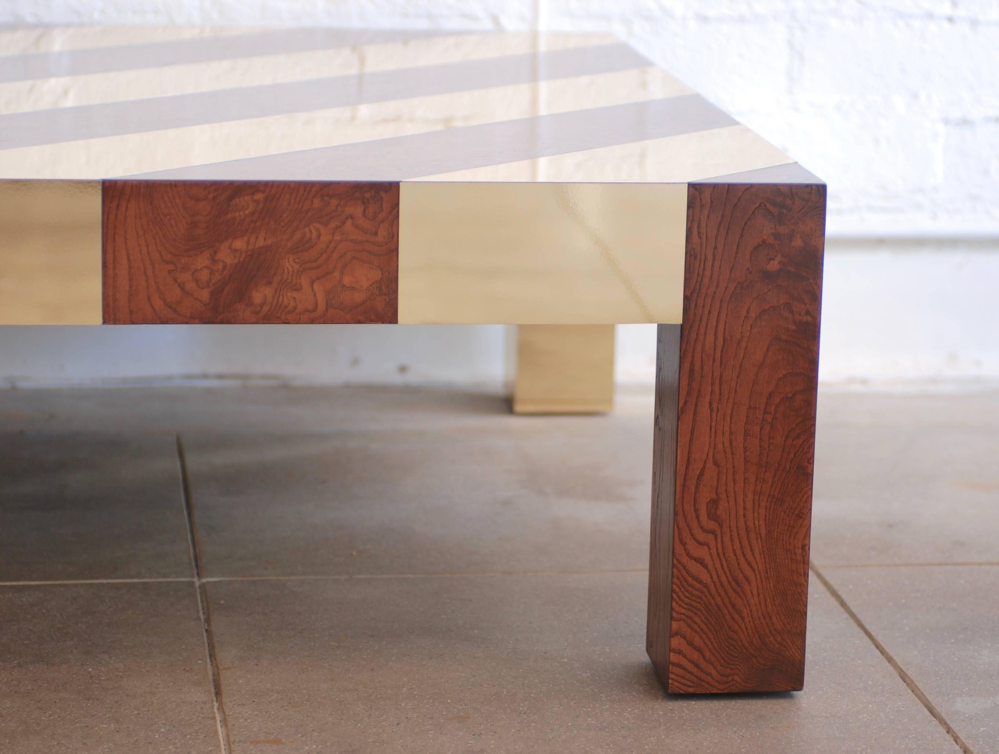 Mid-Century Modern Wood and Brass Inlay 1970s Style Low Square Coffee Table For Sale