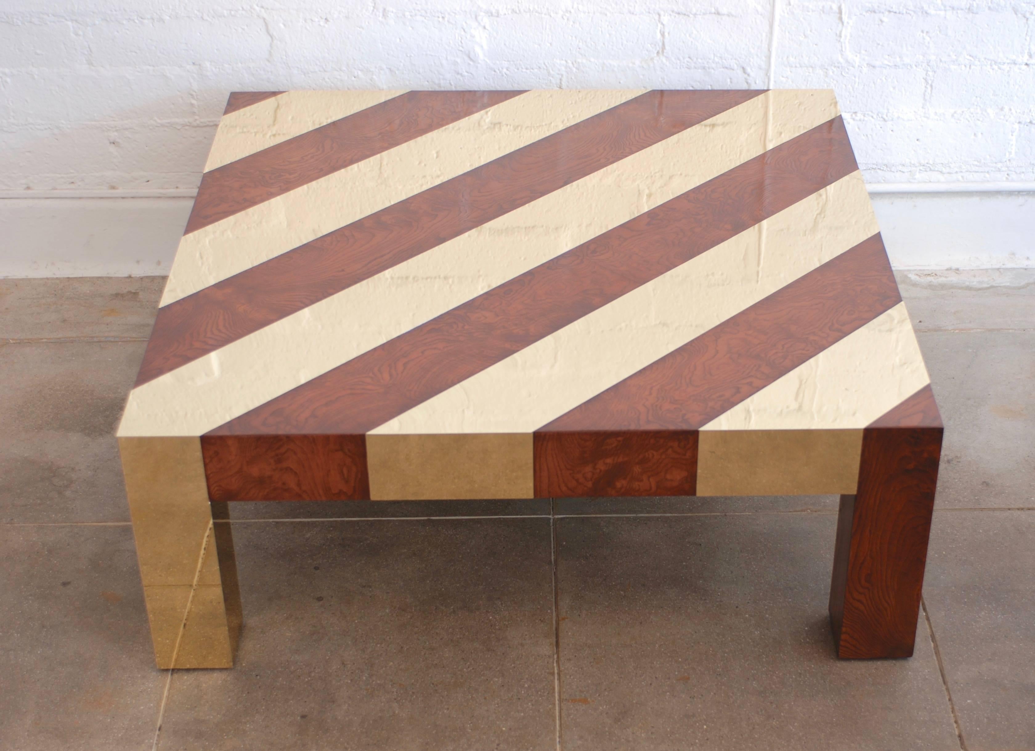 Wood and Brass Inlay 1970s Style Low Square Coffee Table In Good Condition For Sale In Palm Springs, CA