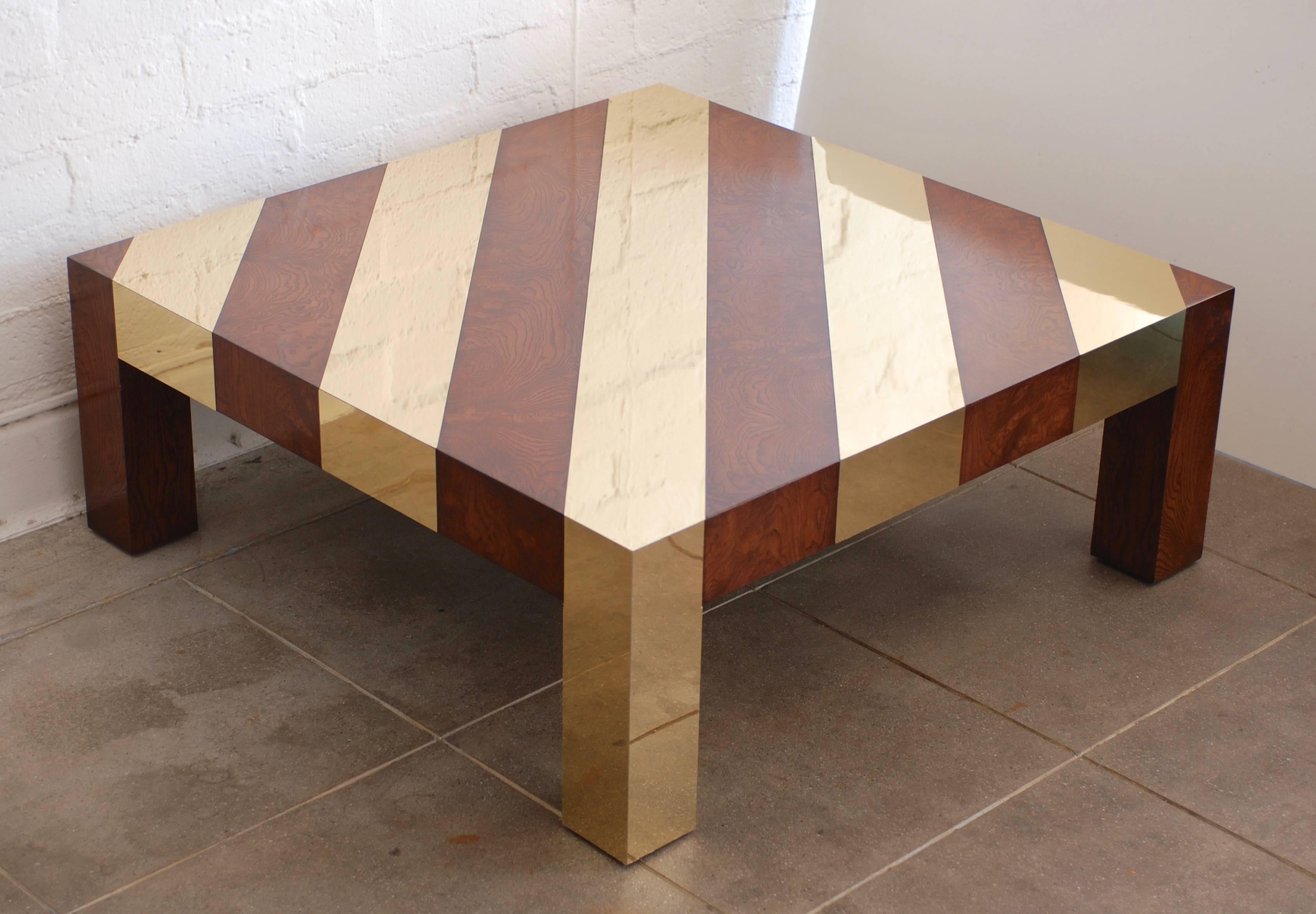 Wood and Brass Inlay 1970s Style Low Square Coffee Table For Sale 1