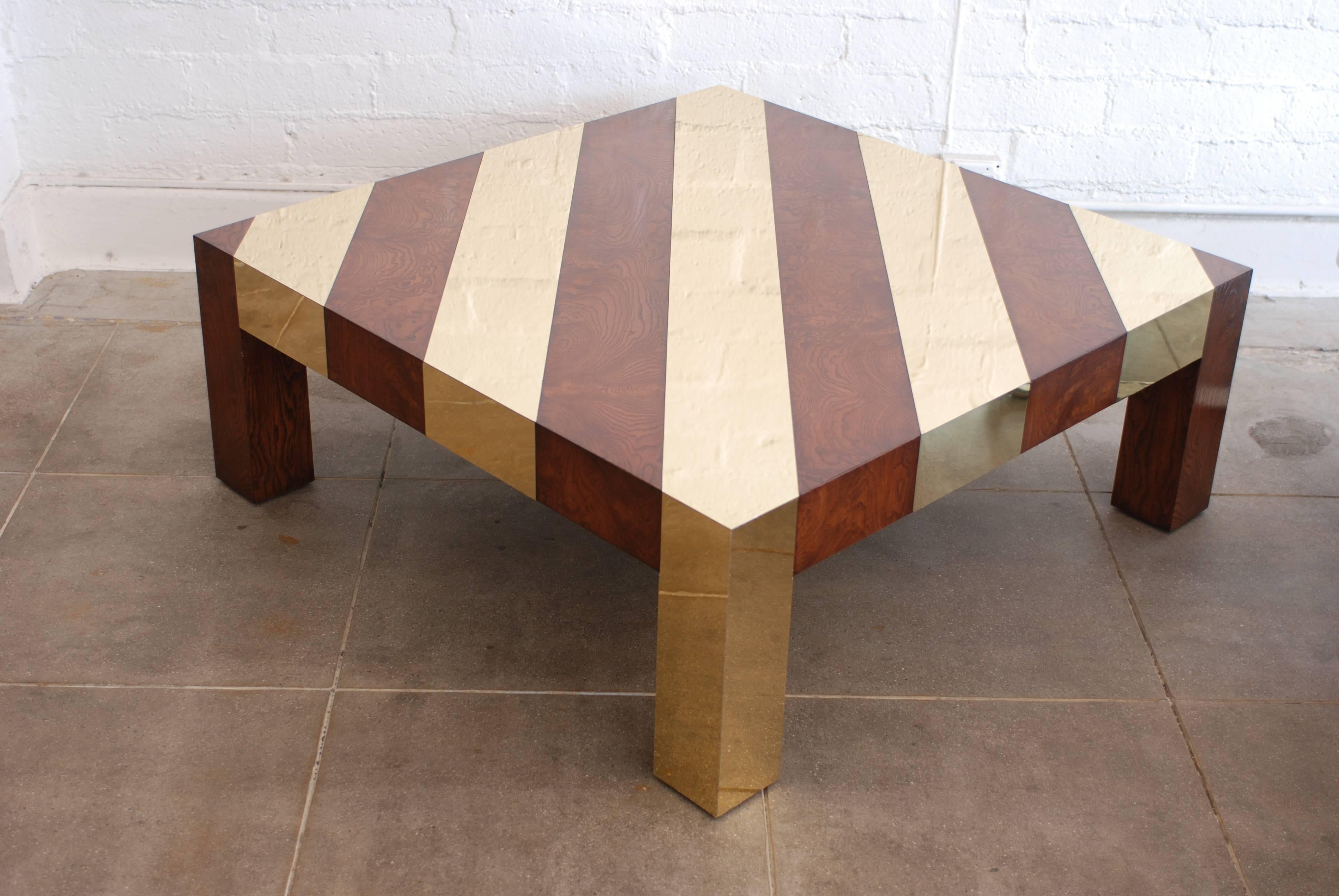 Wood and Brass Inlay 1970s Style Low Square Coffee Table For Sale 3