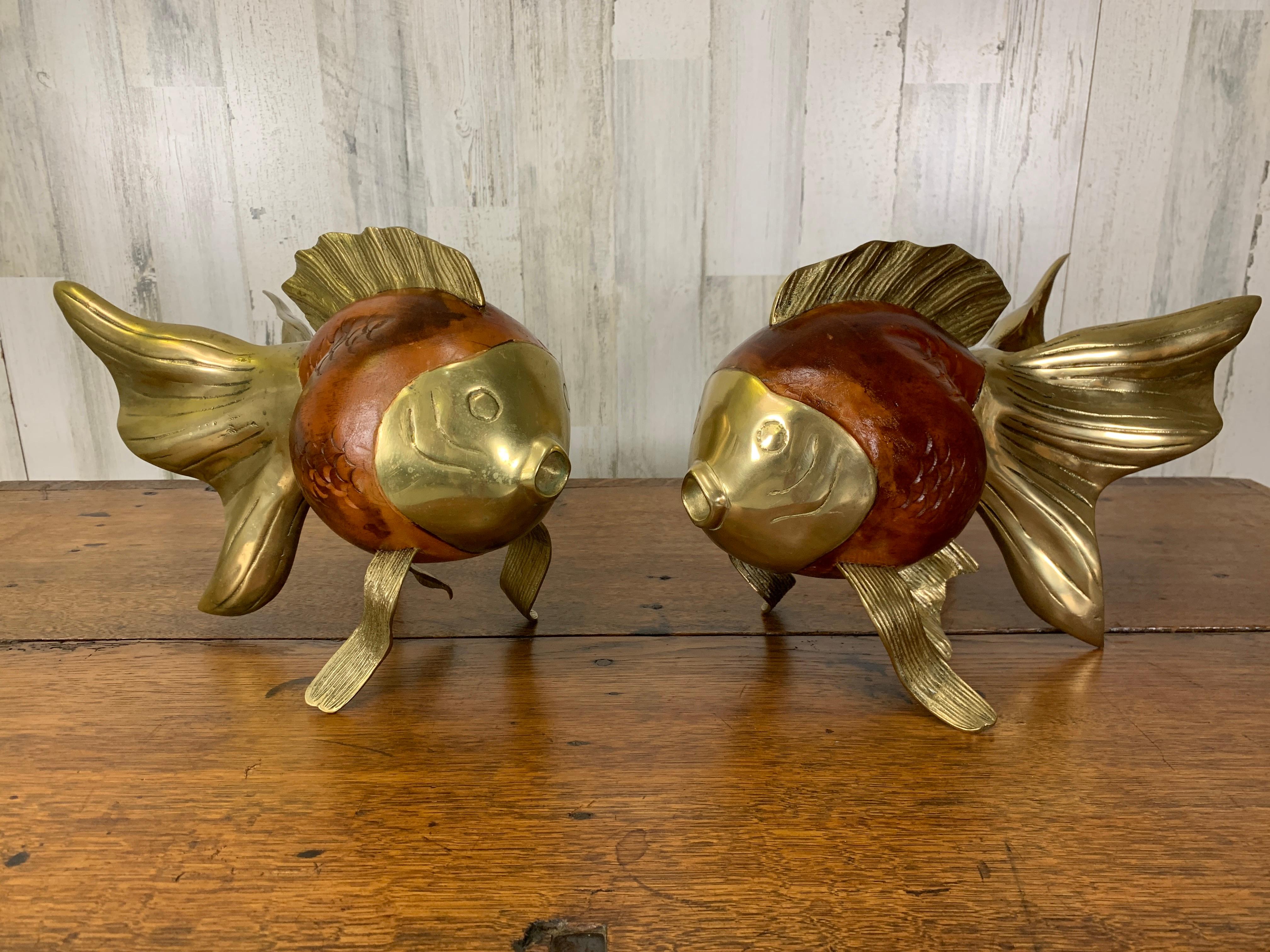 Wood and Brass Koi Fish Sculptures For Sale 4