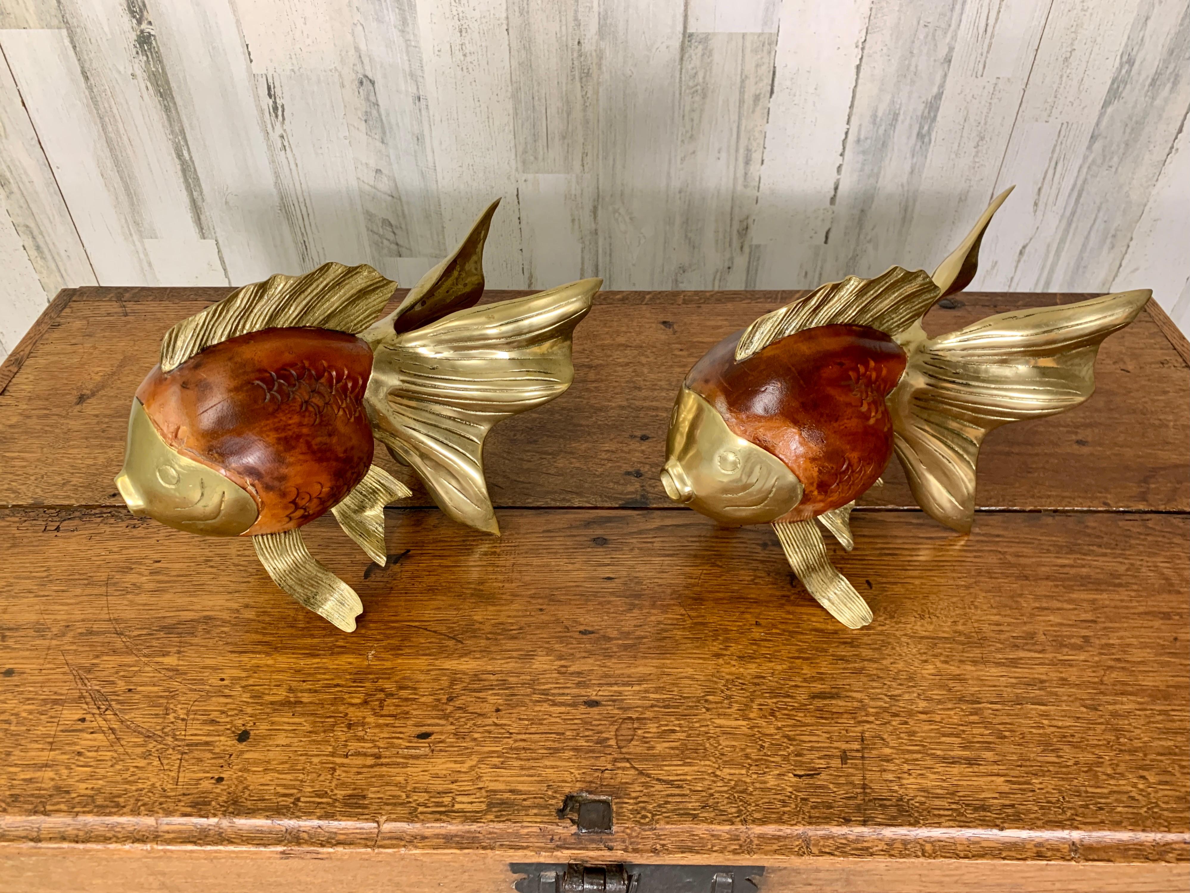 Wood and Brass Koi Fish Sculptures For Sale 7