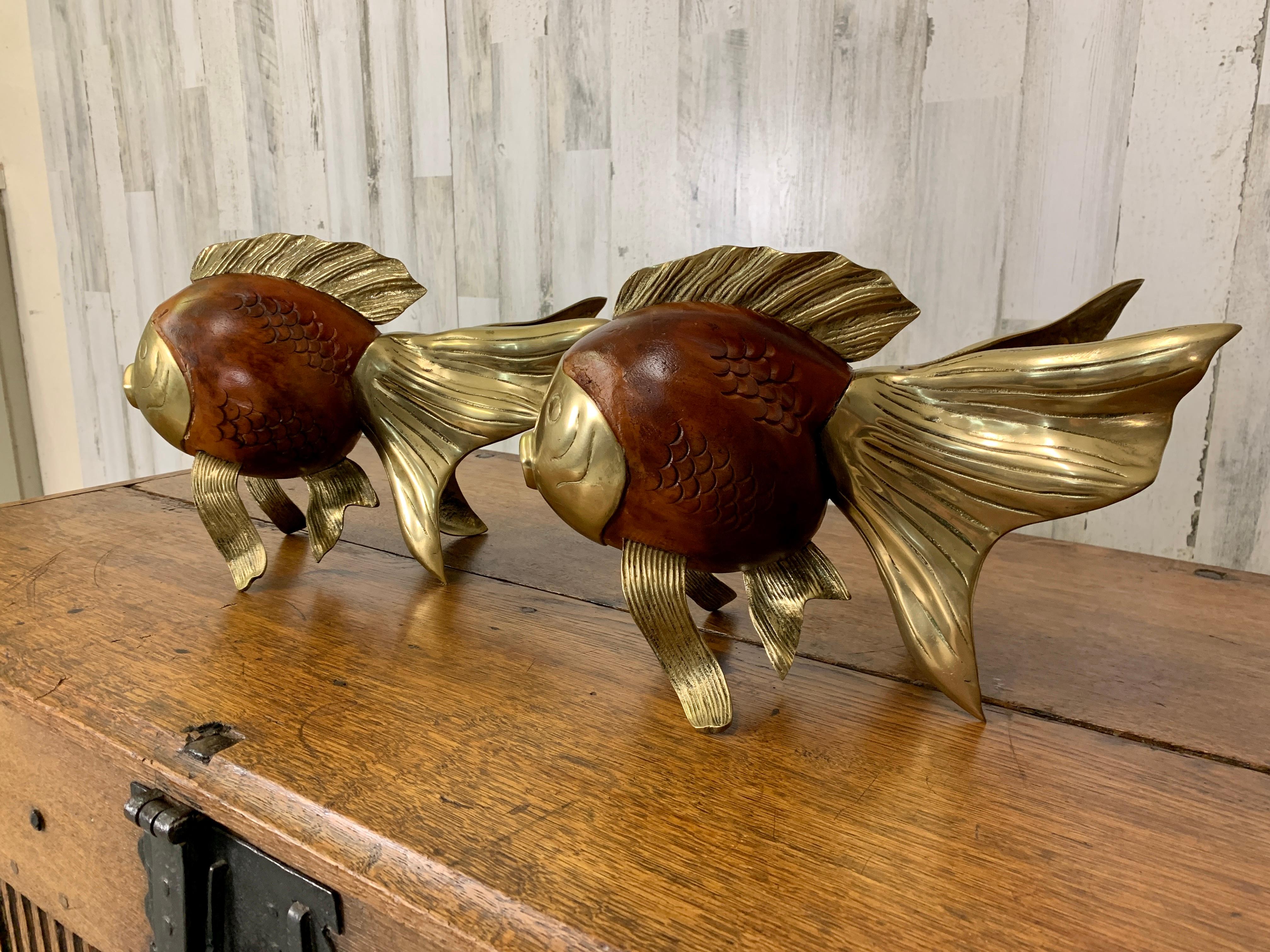 Organic Modern Wood and Brass Koi Fish Sculptures For Sale