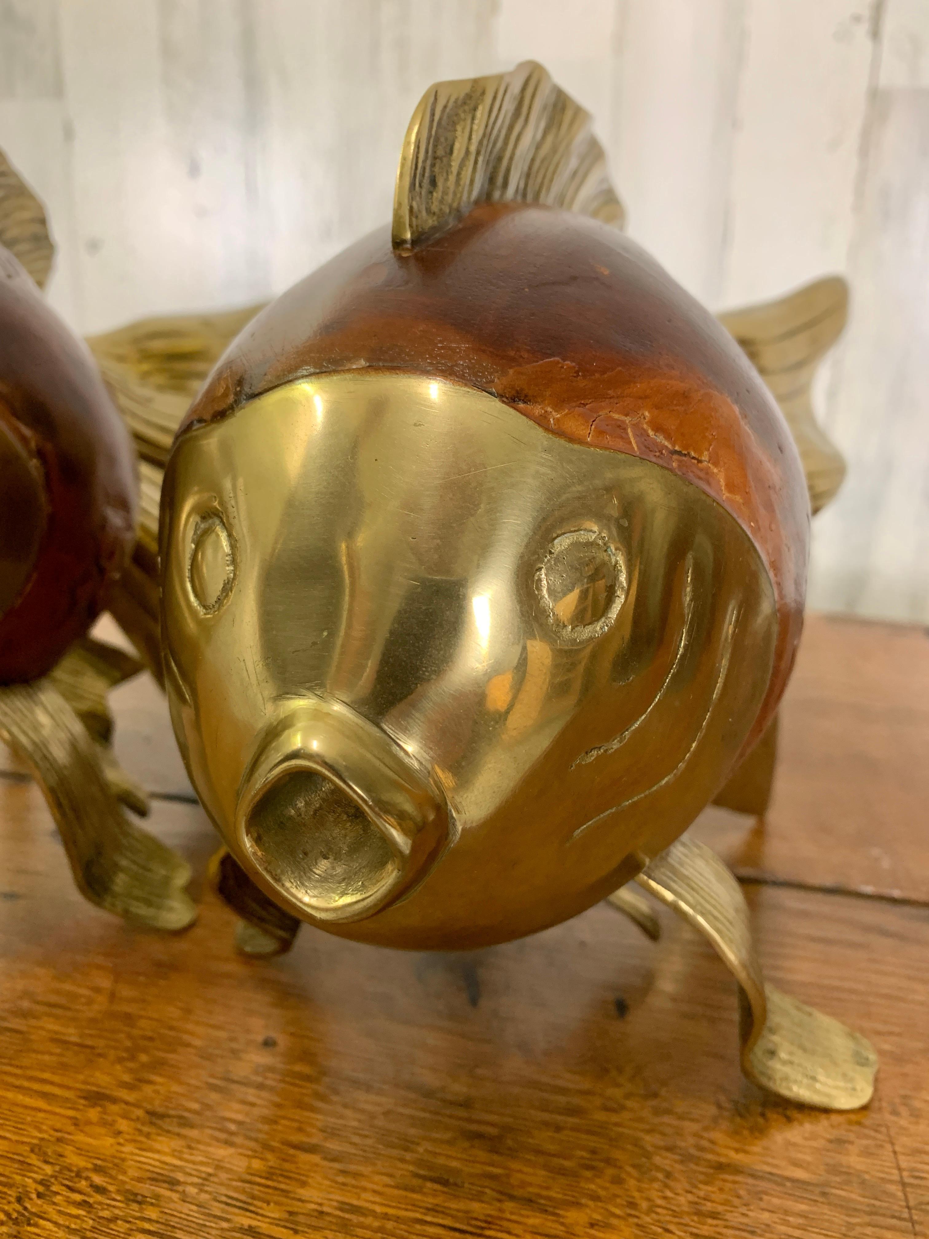 Wood and Brass Koi Fish Sculptures For Sale 1