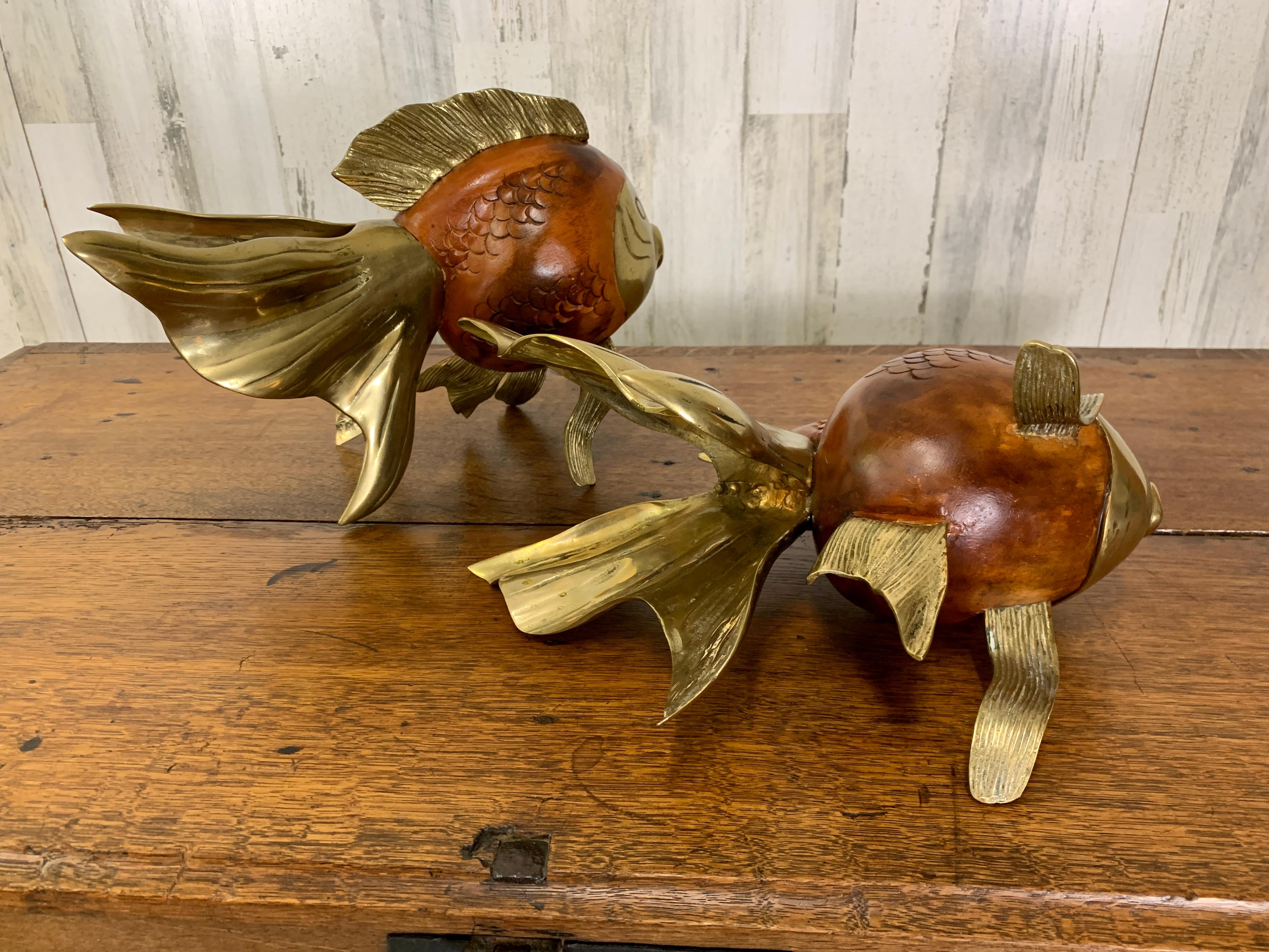 Wood and Brass Koi Fish Sculptures For Sale 3