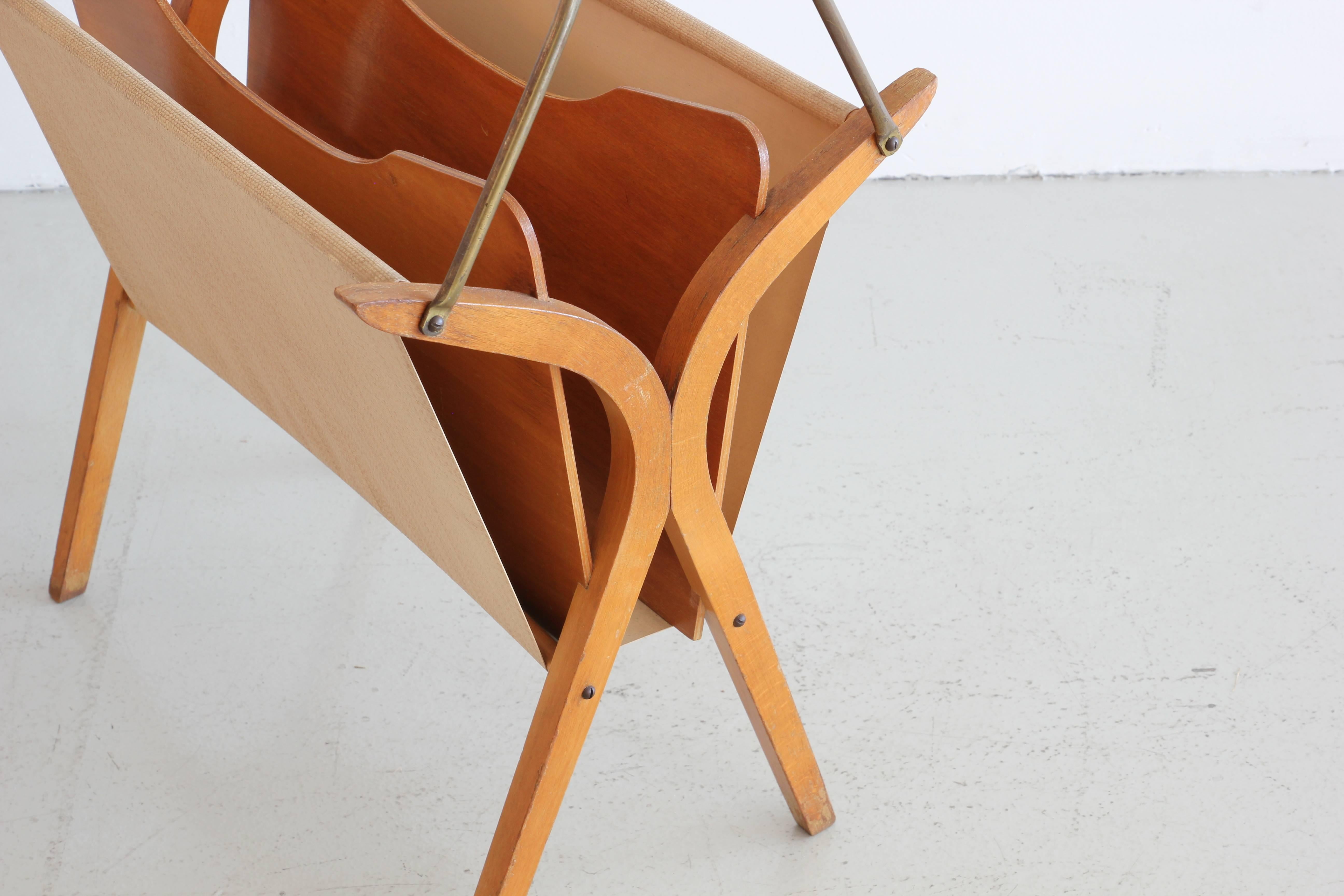 Mid-20th Century Wood and Brass Magazine Rack