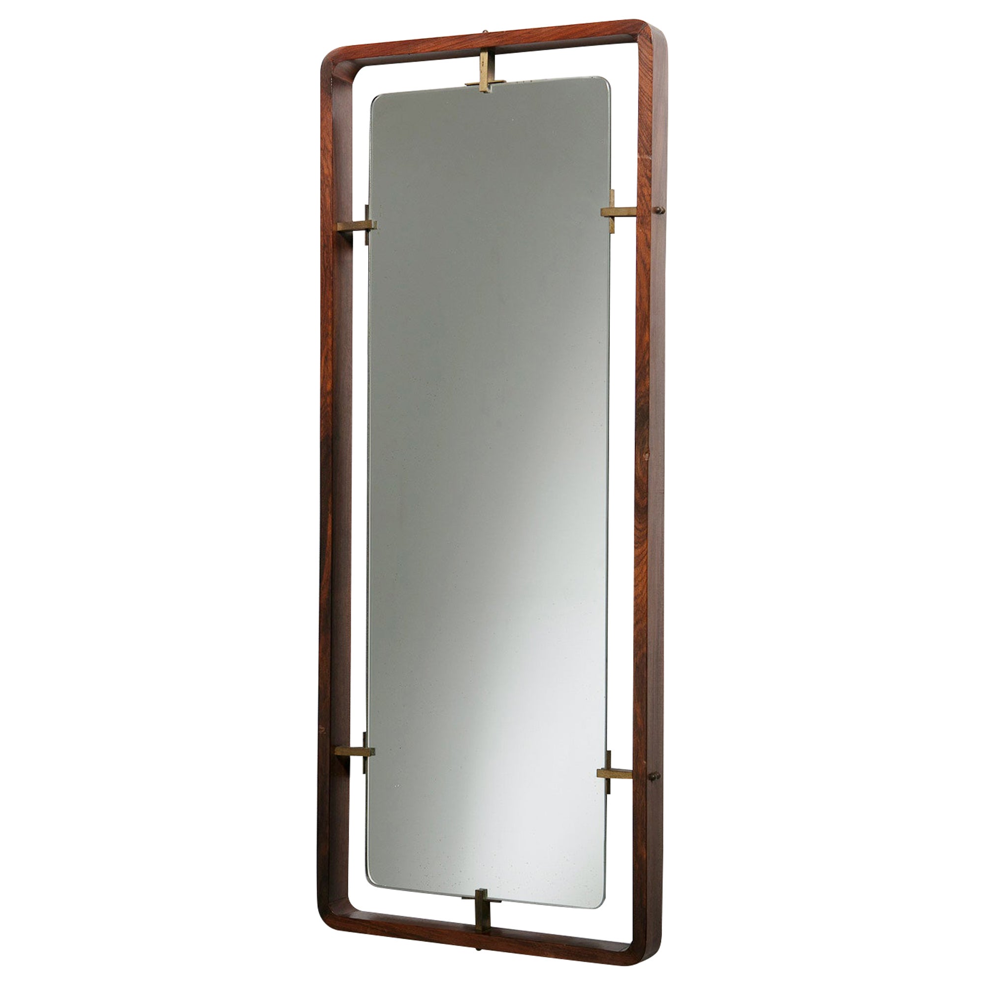 Miroir en bois et laiton attribué à Santambrogio & De Berti. Italie, années 1960 en vente