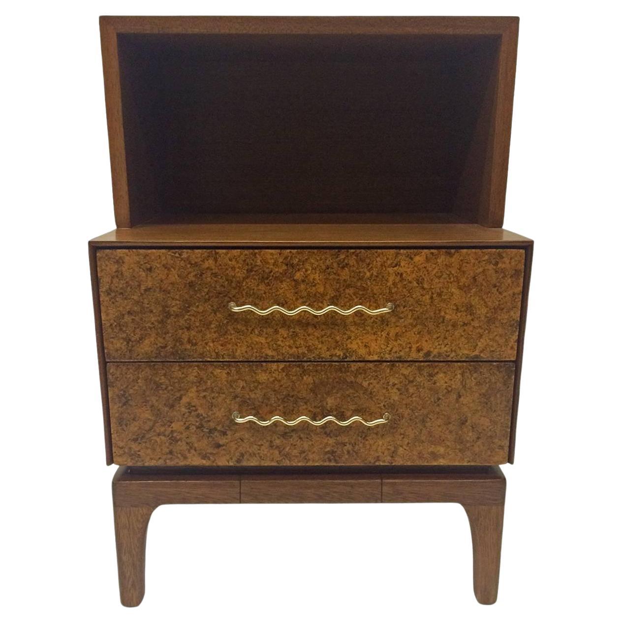 Wood and Brass Nightstand by John Keal for Brown-Saltman For Sale