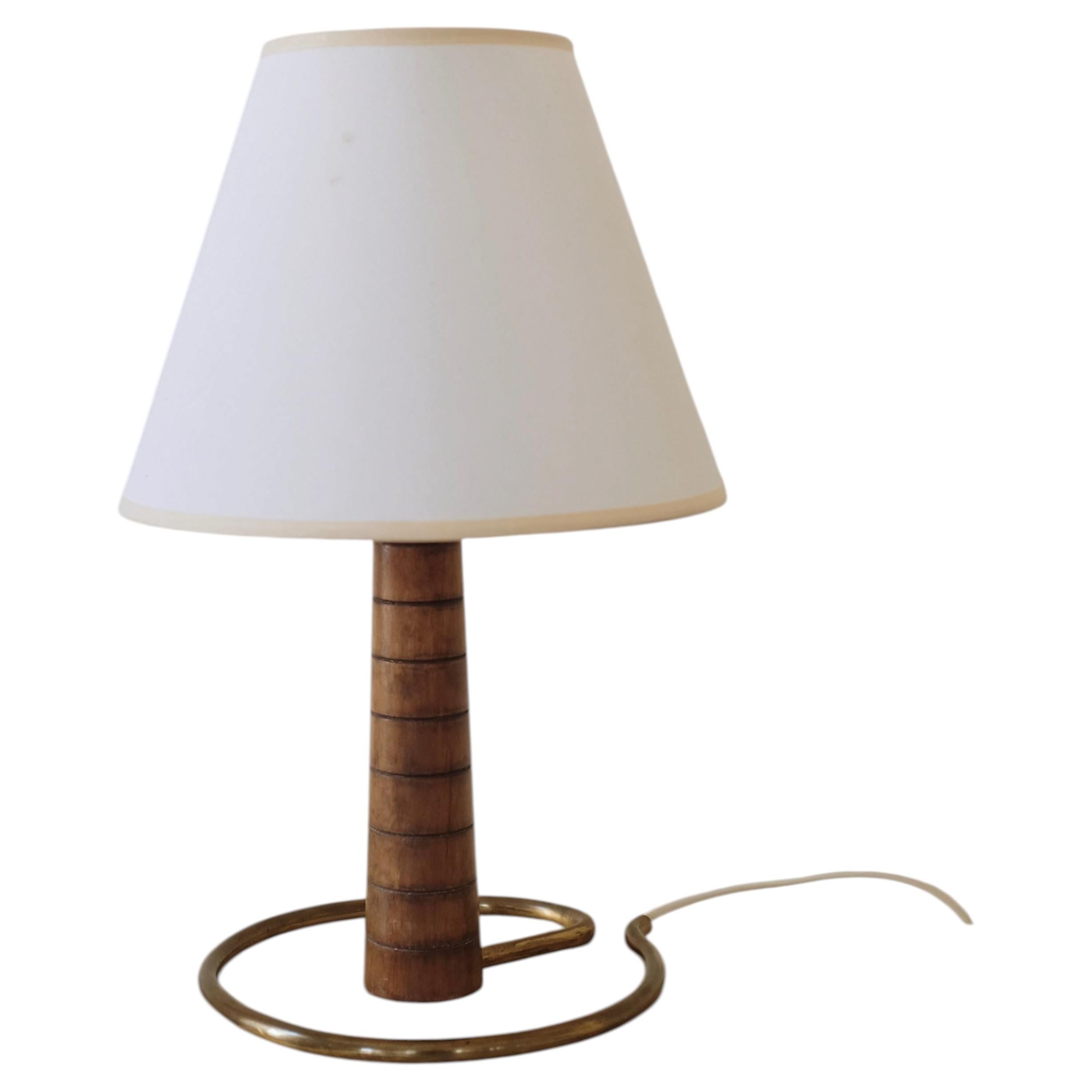 Wood and Brass Swedish Mid-century Table Lamp For Sale