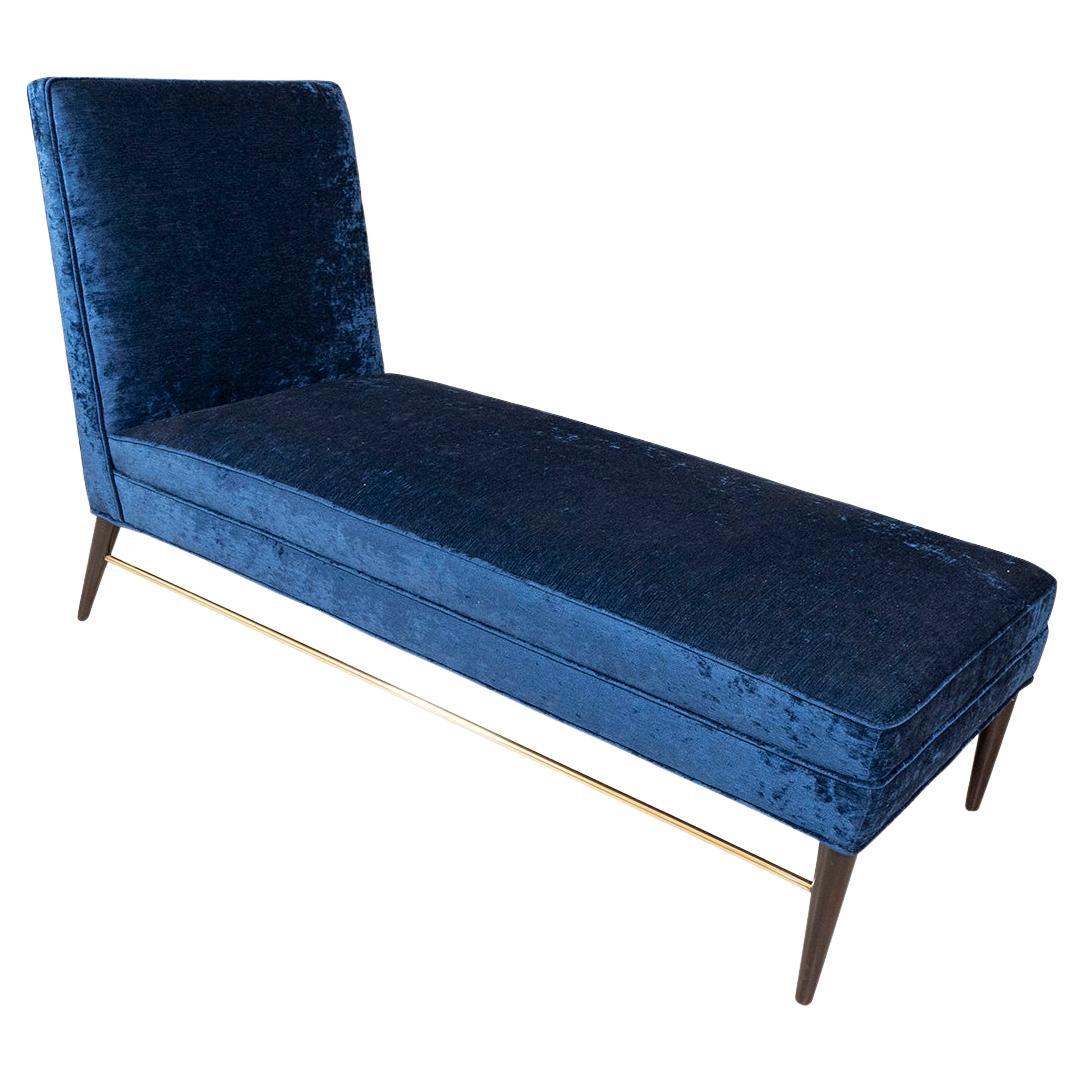 Wood and Brass Upholstered Chaise Lounge For Sale