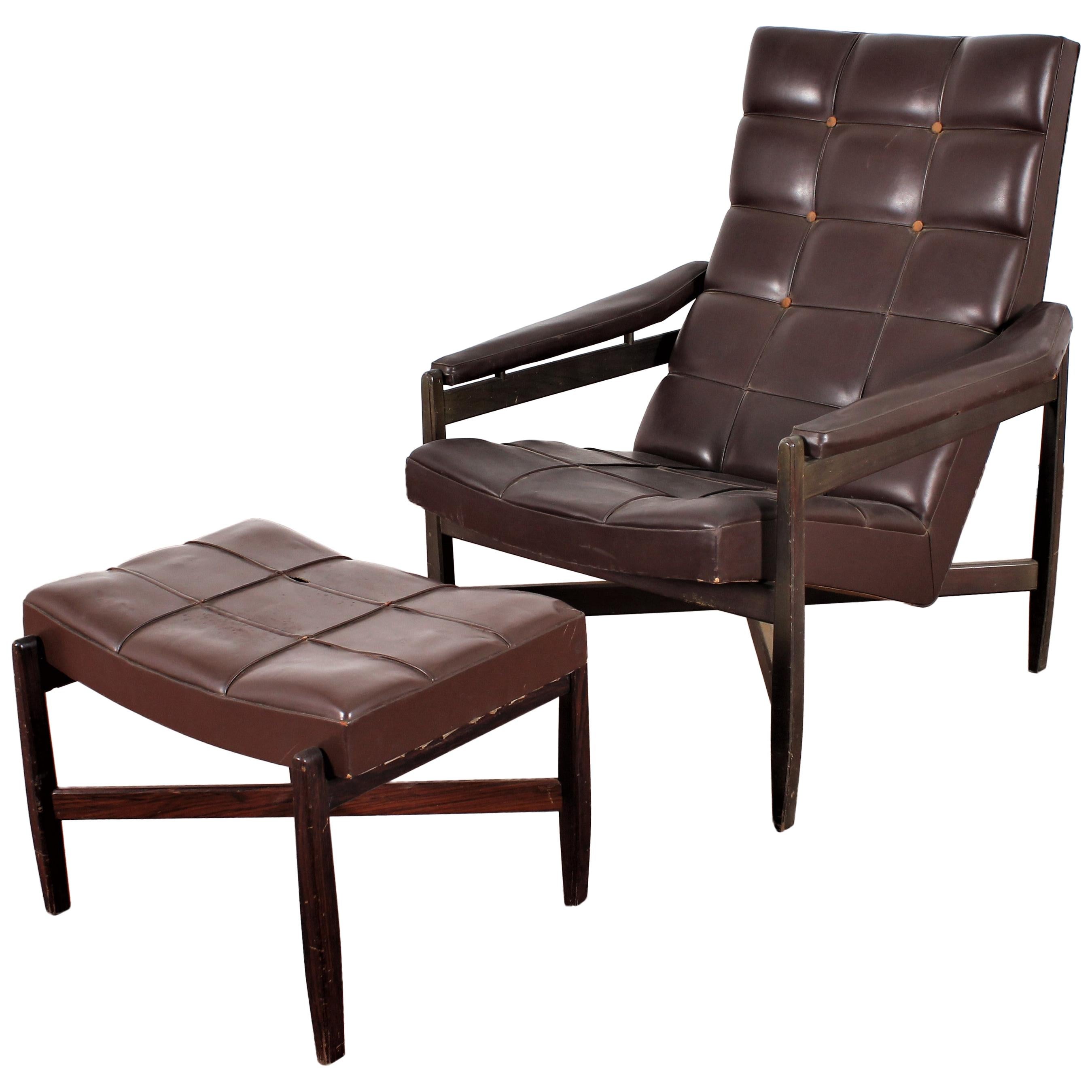 Wood and Brown Leather Minotti Lounge Chair and Ottoman, Italy, 1960s