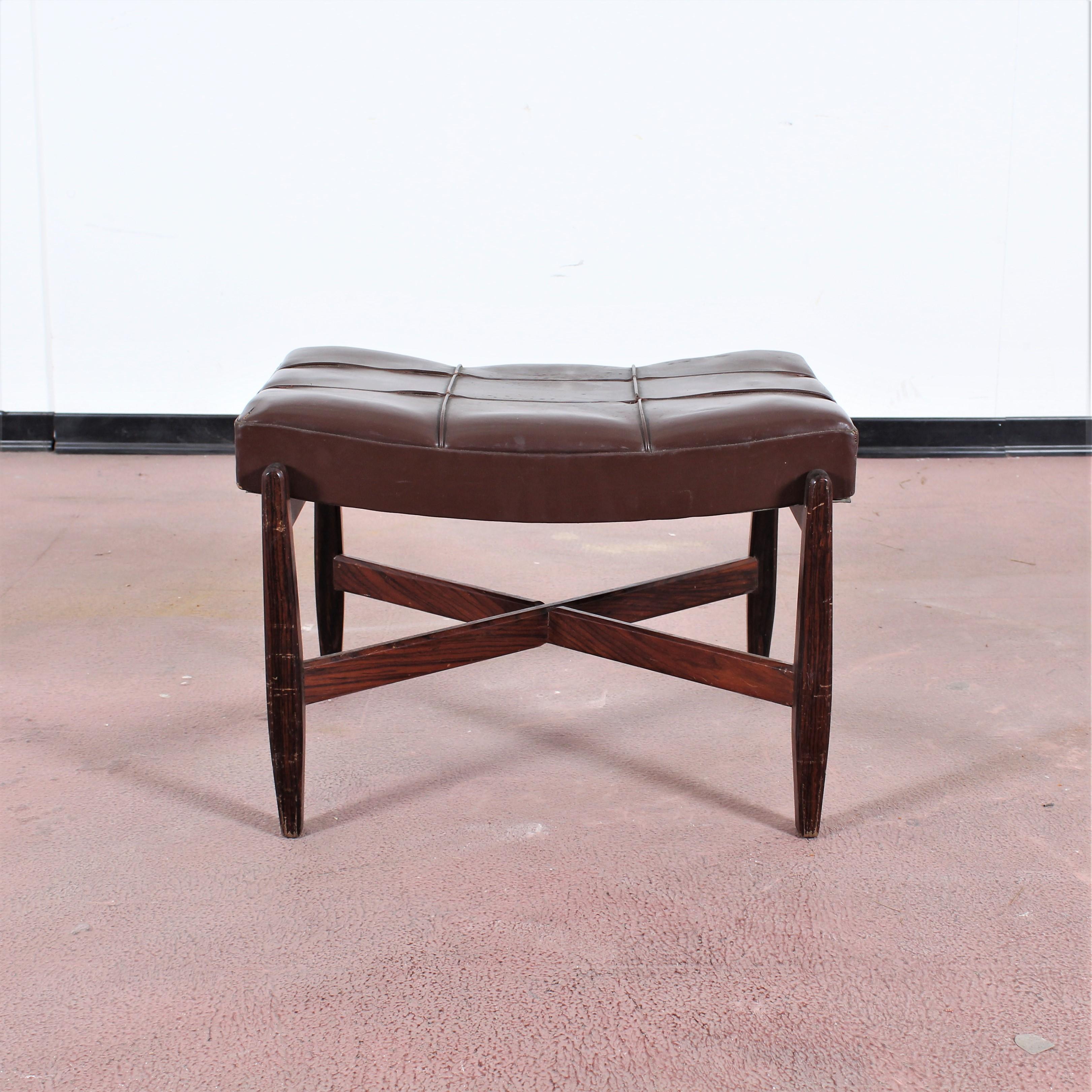 Wood and Brown Leather Minotti Lounge Chair and Ottoman, Italy, 1960s 3