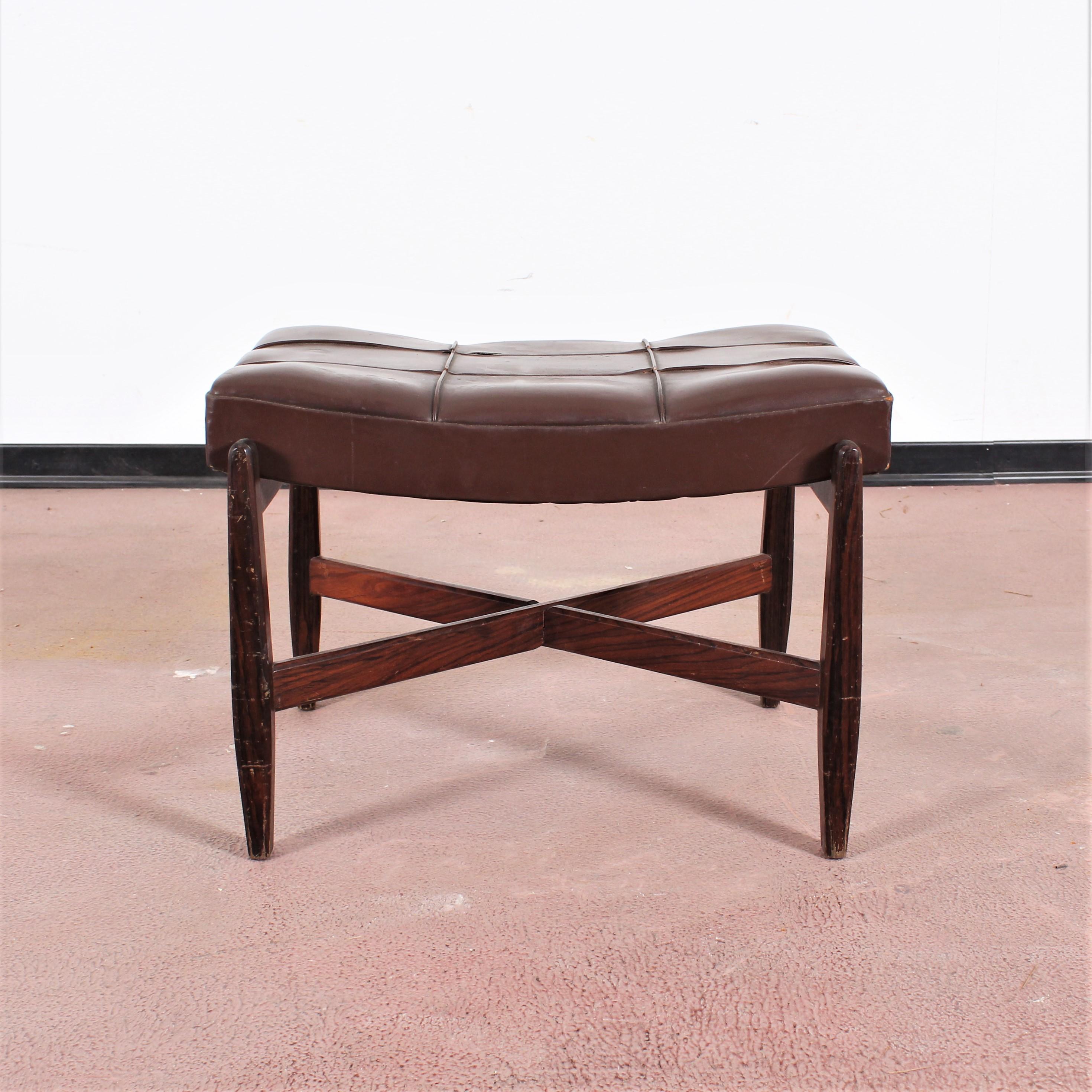 Wood and Brown Leather Minotti Lounge Chair and Ottoman, Italy, 1960s 5