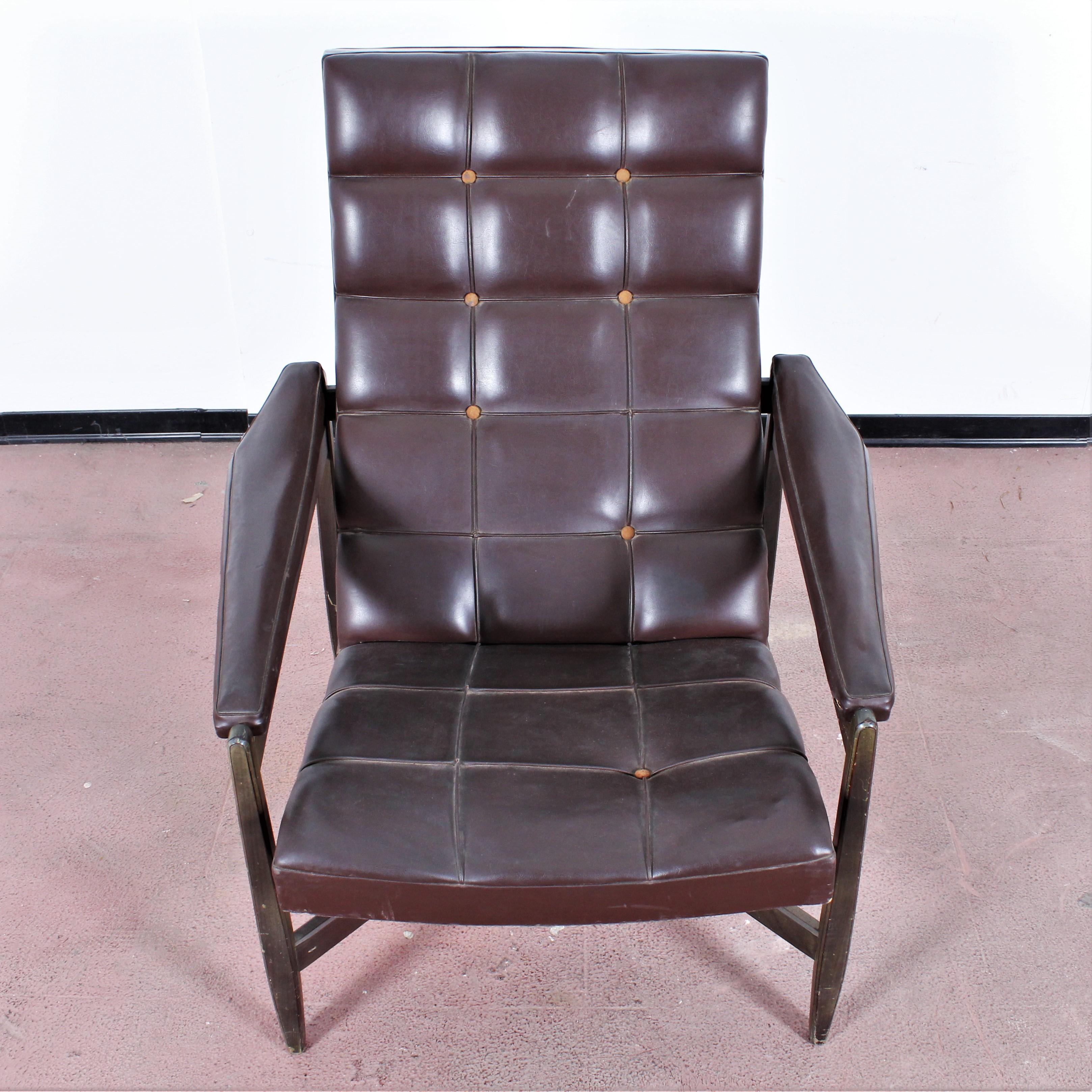 Wood and Brown Leather Minotti Lounge Chair and Ottoman, Italy, 1960s 8