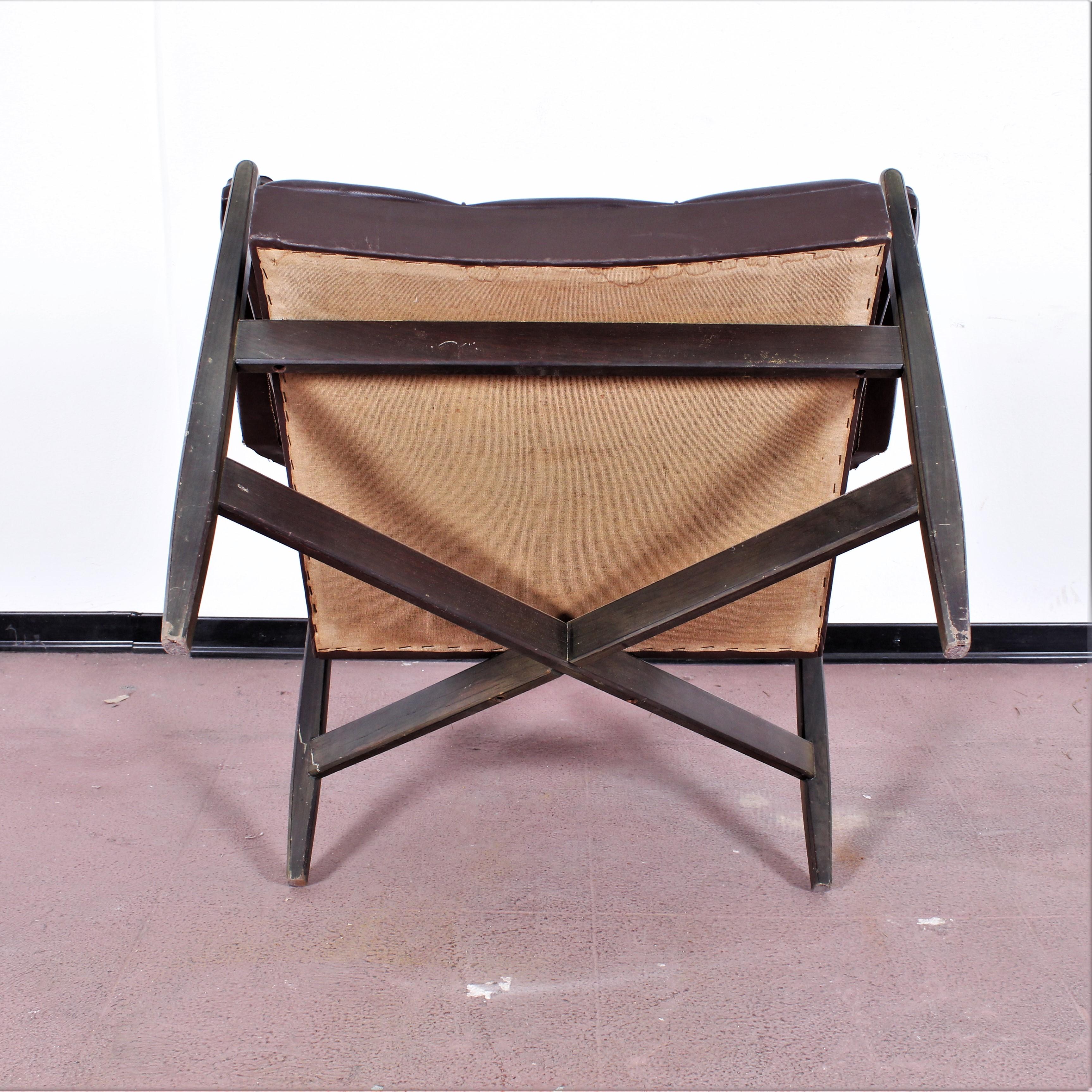 Wood and Brown Leather Minotti Lounge Chair and Ottoman, Italy, 1960s 11