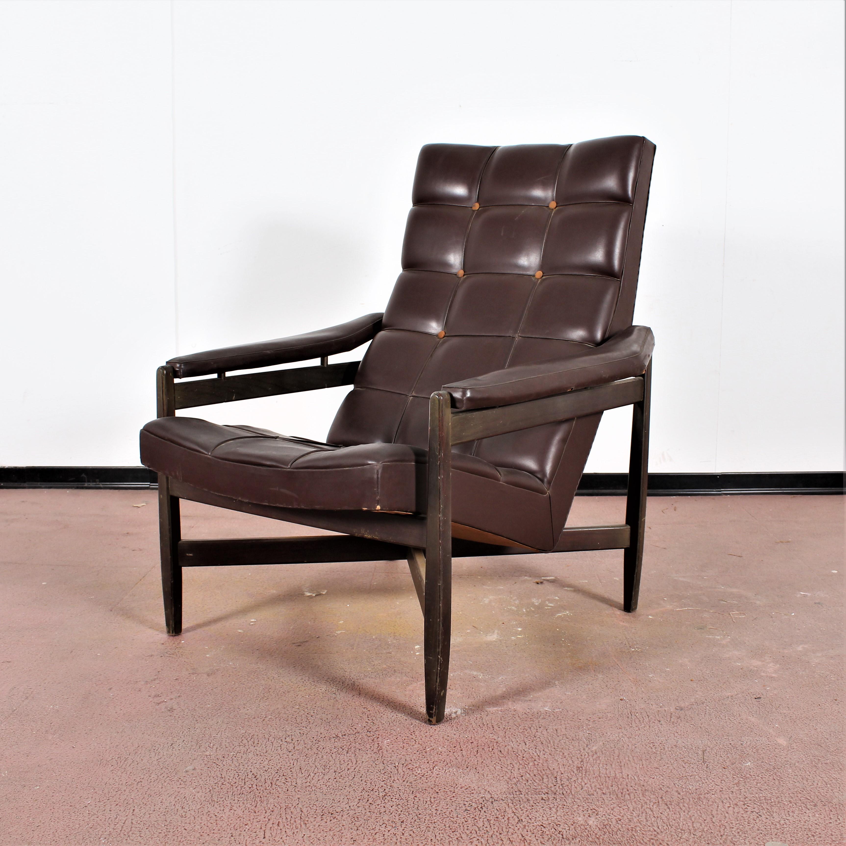 leather and wood chair with ottoman