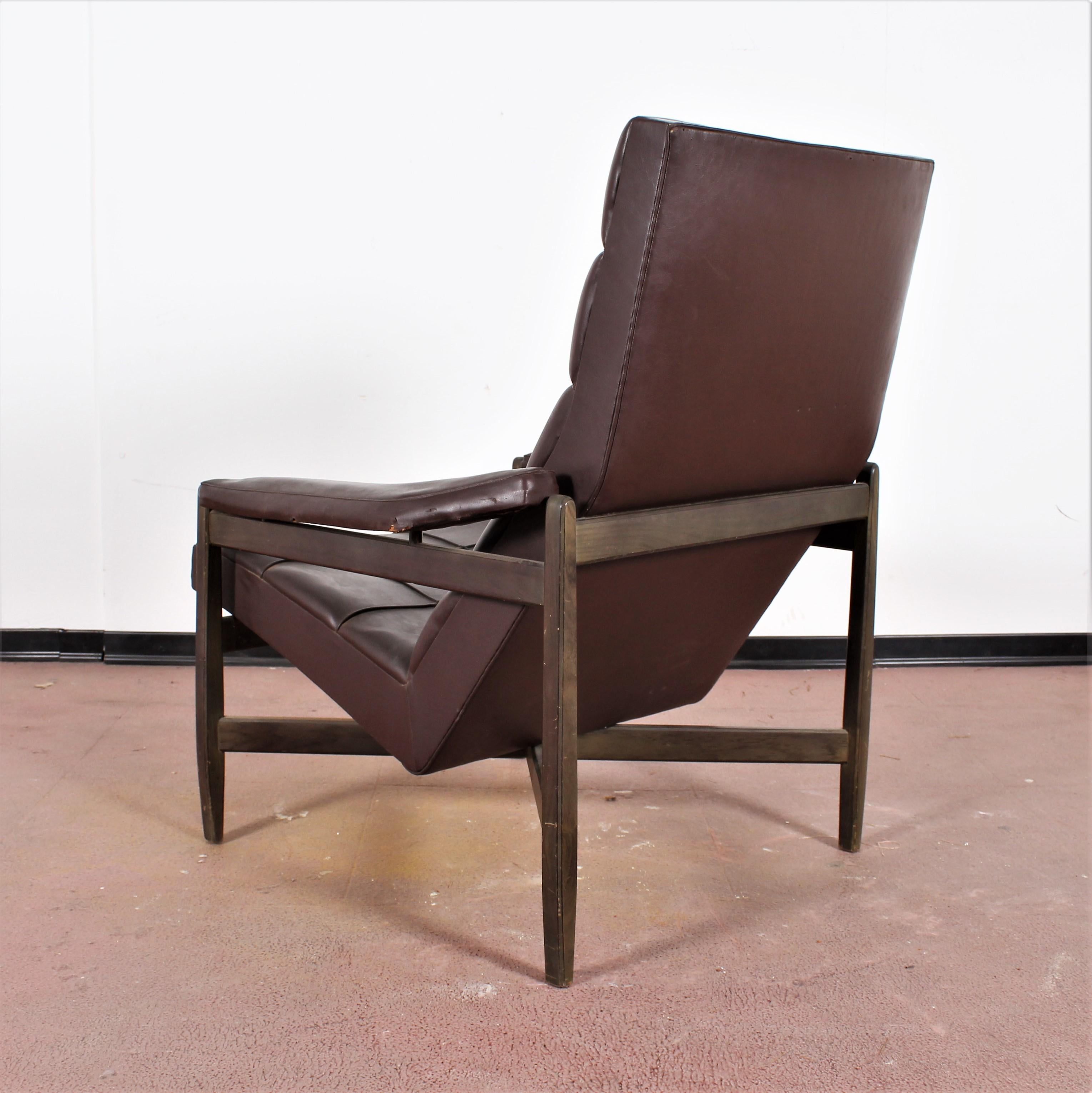 Swiss Wood and Brown Leather Minotti Lounge Chair and Ottoman, Italy, 1960s