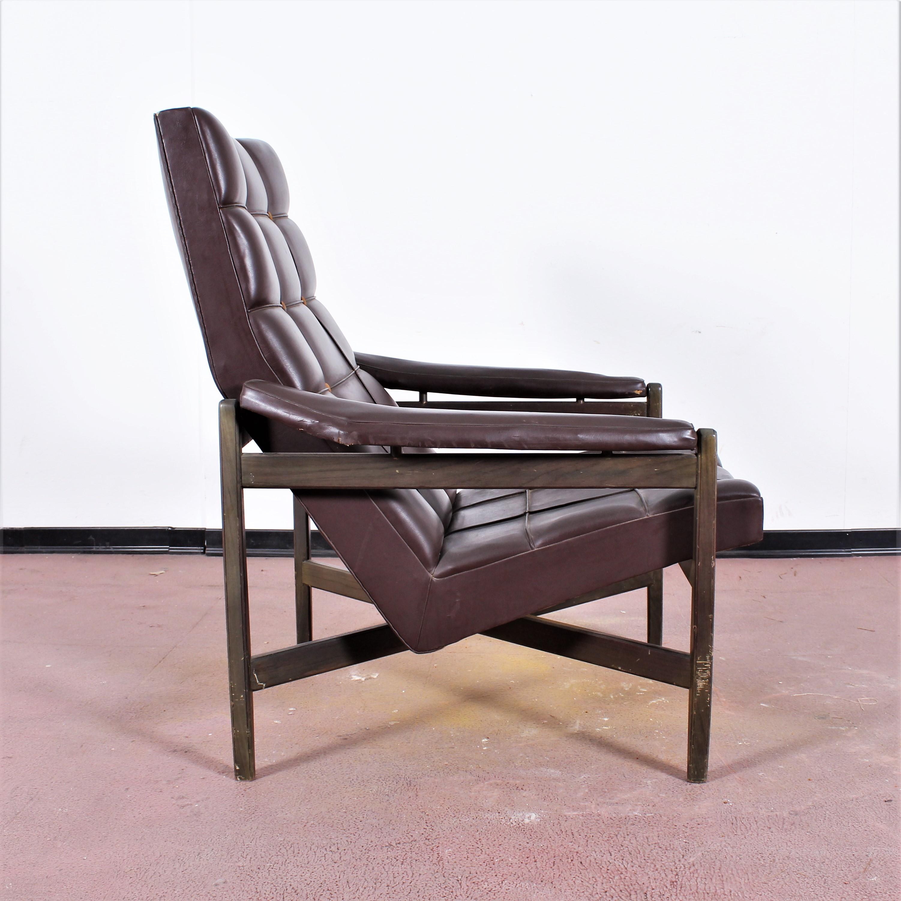 Wood and Brown Leather Minotti Lounge Chair and Ottoman, Italy, 1960s 1