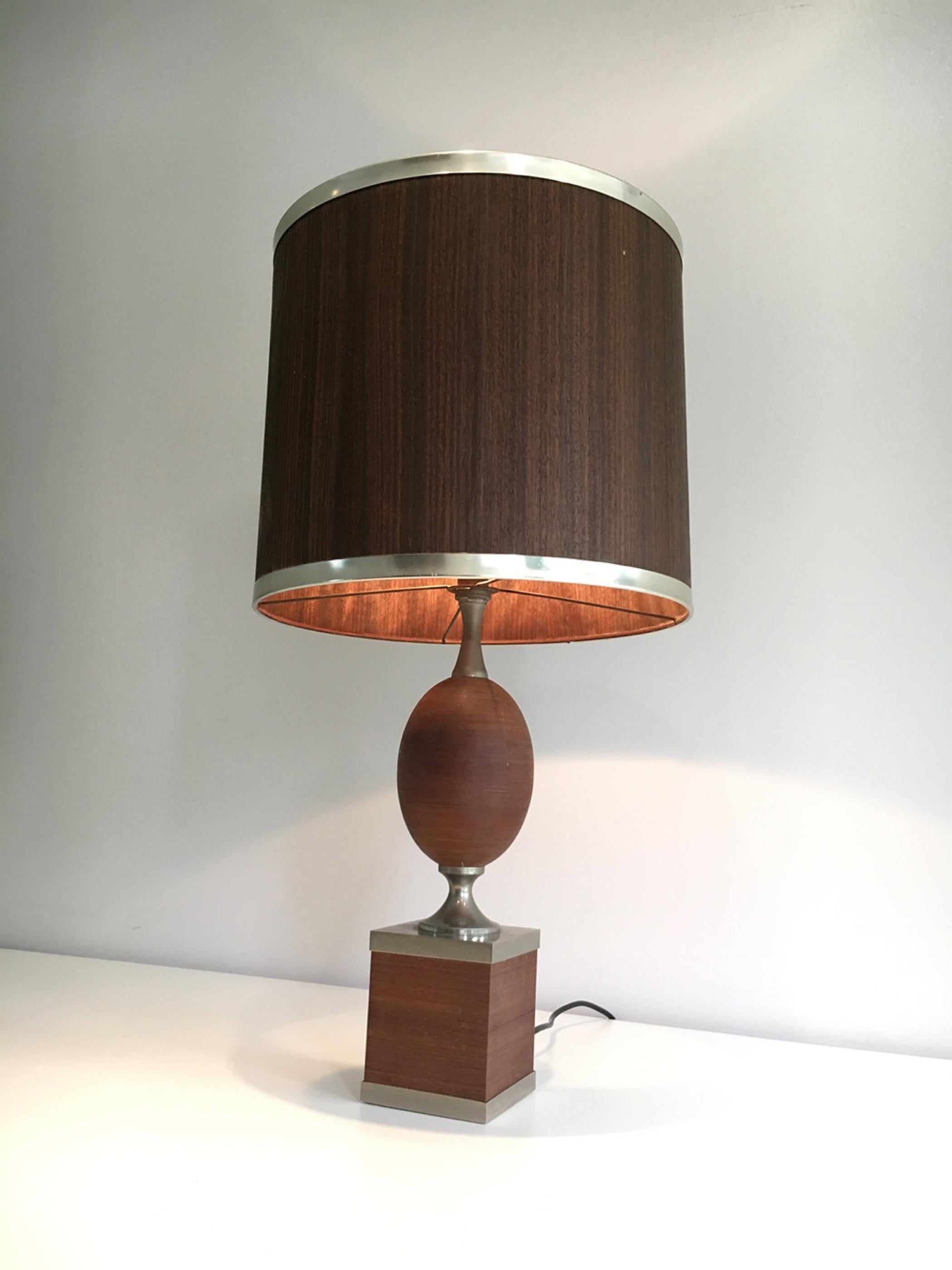 Mid-Century Modern Wood and Brushed Steel Egg Lamp with Wooden Shade, circa 1970 For Sale