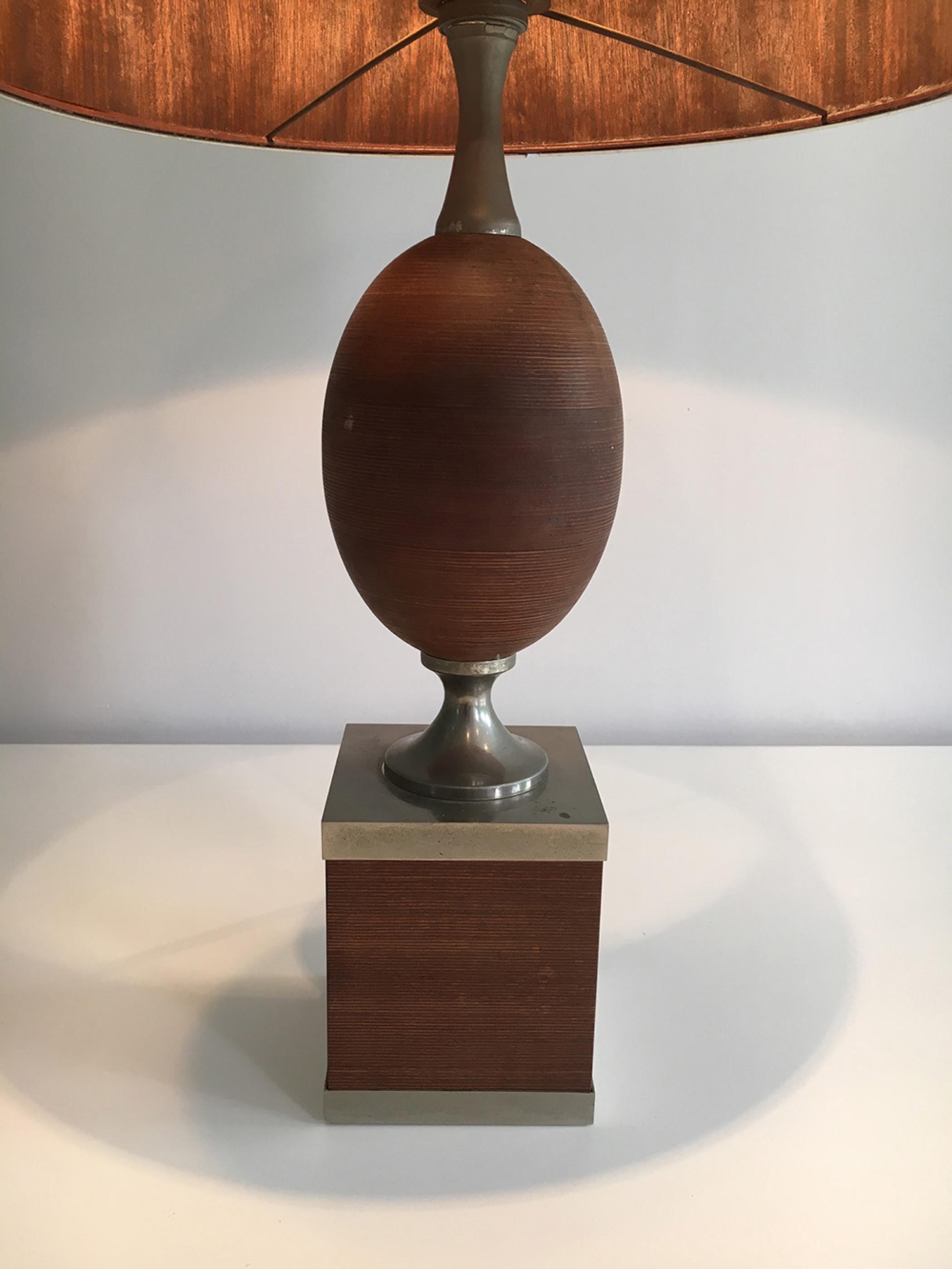 French Wood and Brushed Steel Egg Lamp with Wooden Shade, circa 1970 For Sale