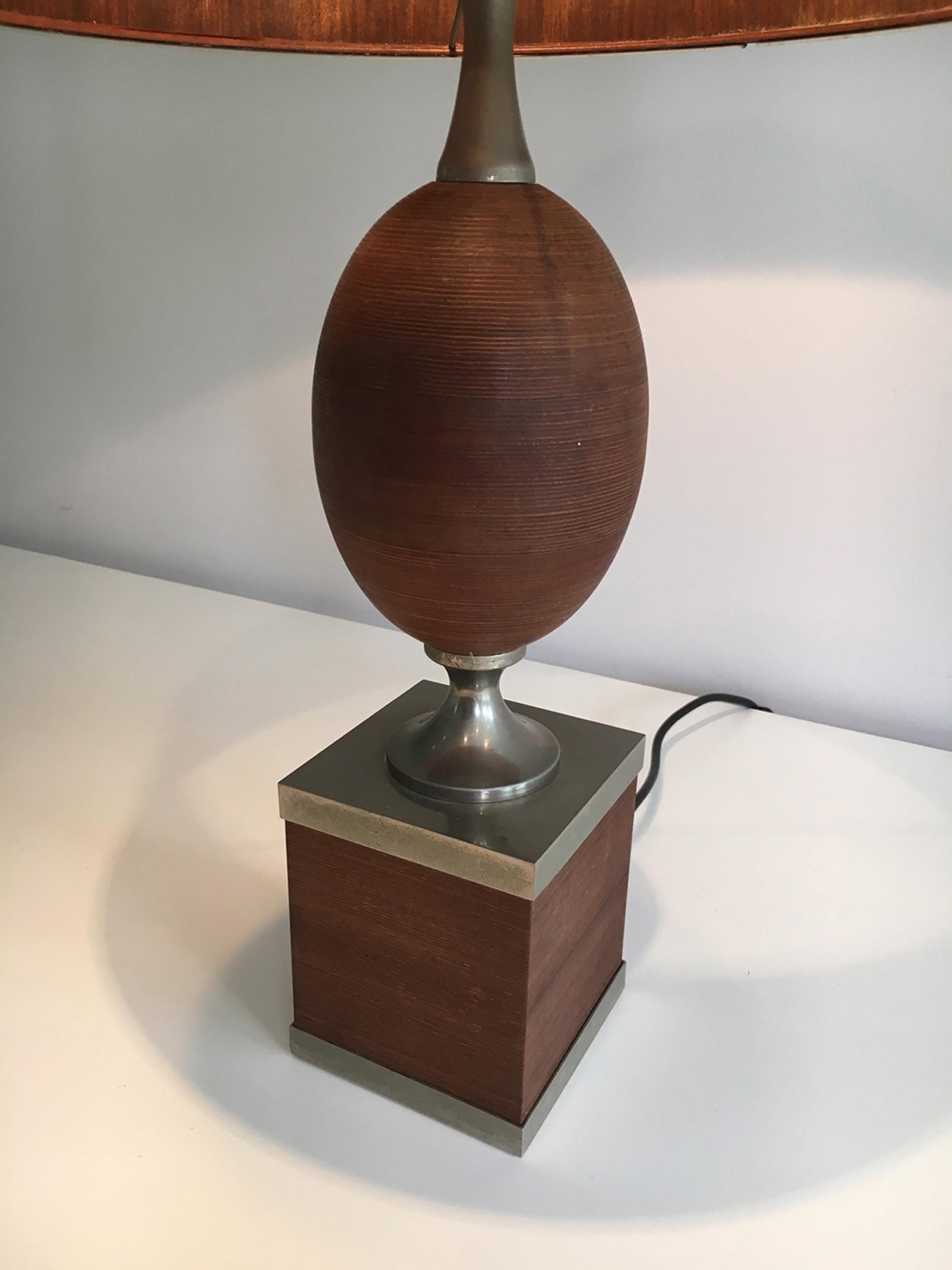 Wood and Brushed Steel Egg Lamp with Wooden Shade, circa 1970 In Good Condition For Sale In Marcq-en-Barœul, Hauts-de-France