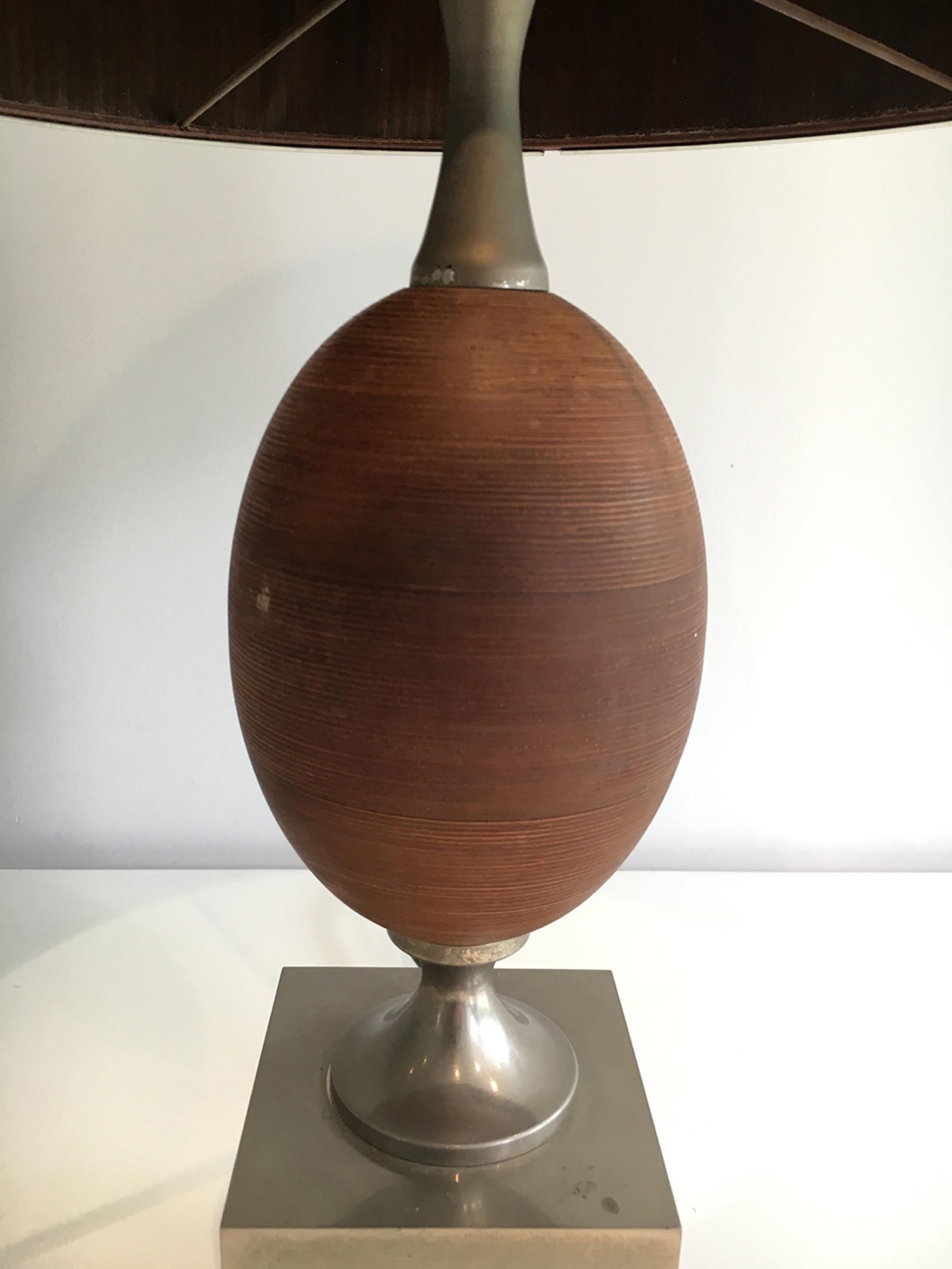 Brossé Lampe œuf en bois et acier brossé avec abat-jour en Wood Wood, vers 1970 en vente