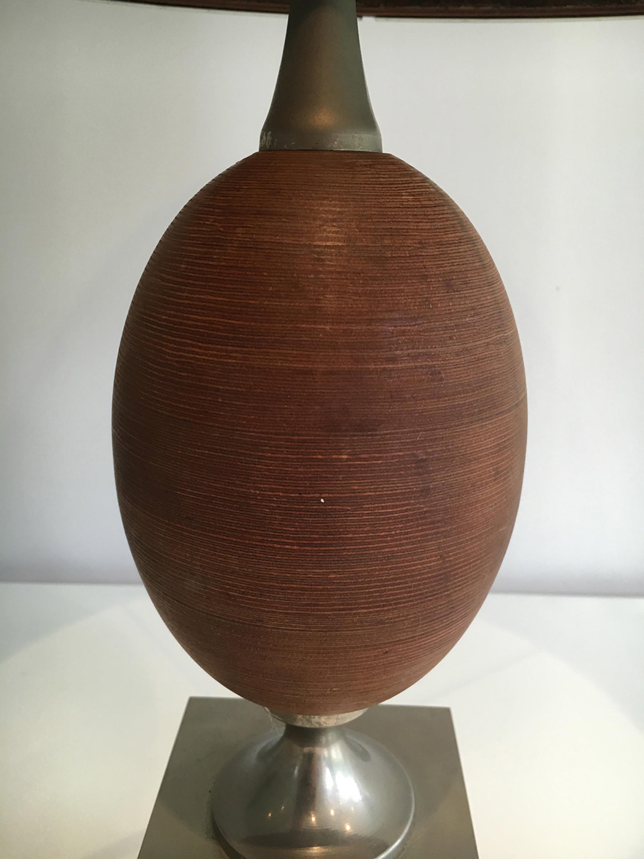 Wood and Brushed Steel Egg Lamp with Wooden Shade, circa 1970 For Sale 1