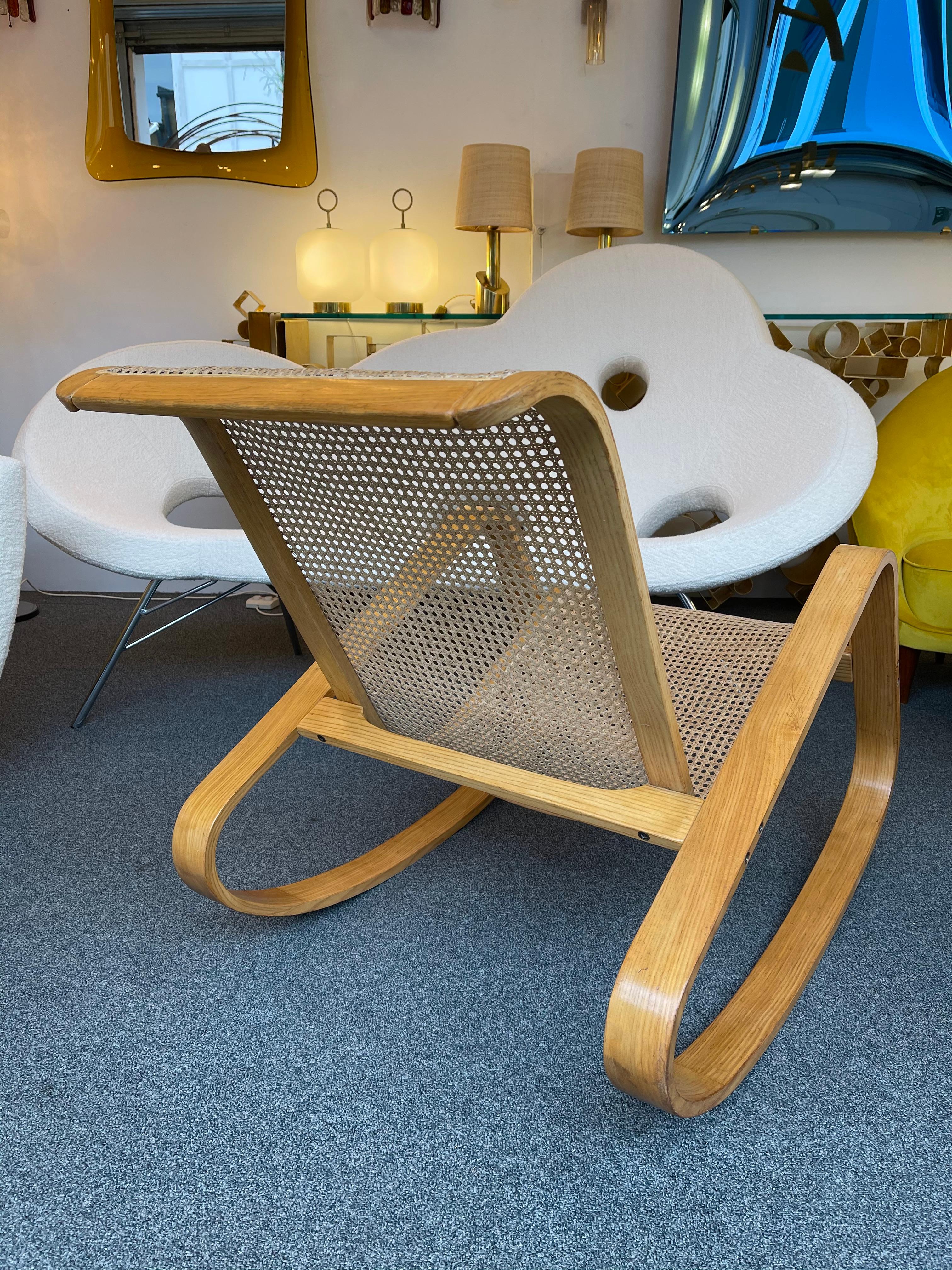 Late 20th Century Wood and Cane Rocking Chair Dondolo by Luigi Crassevig, Italy, 1970s