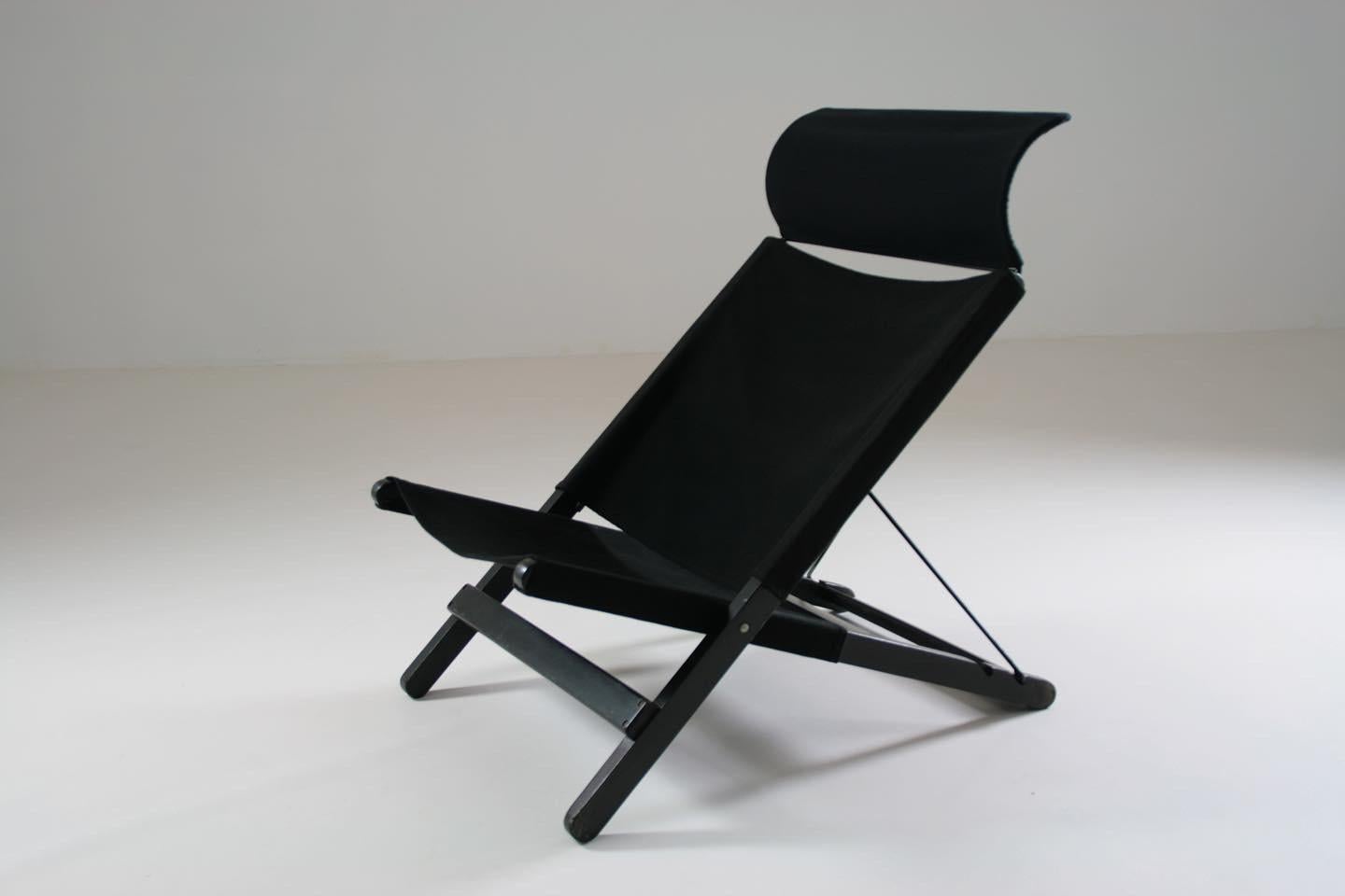 Wood and Canvas Folding Lounge Chair Attributed to Tord Bjorklund for Ikea, 1990 In Good Condition In GRENOBLE, FR