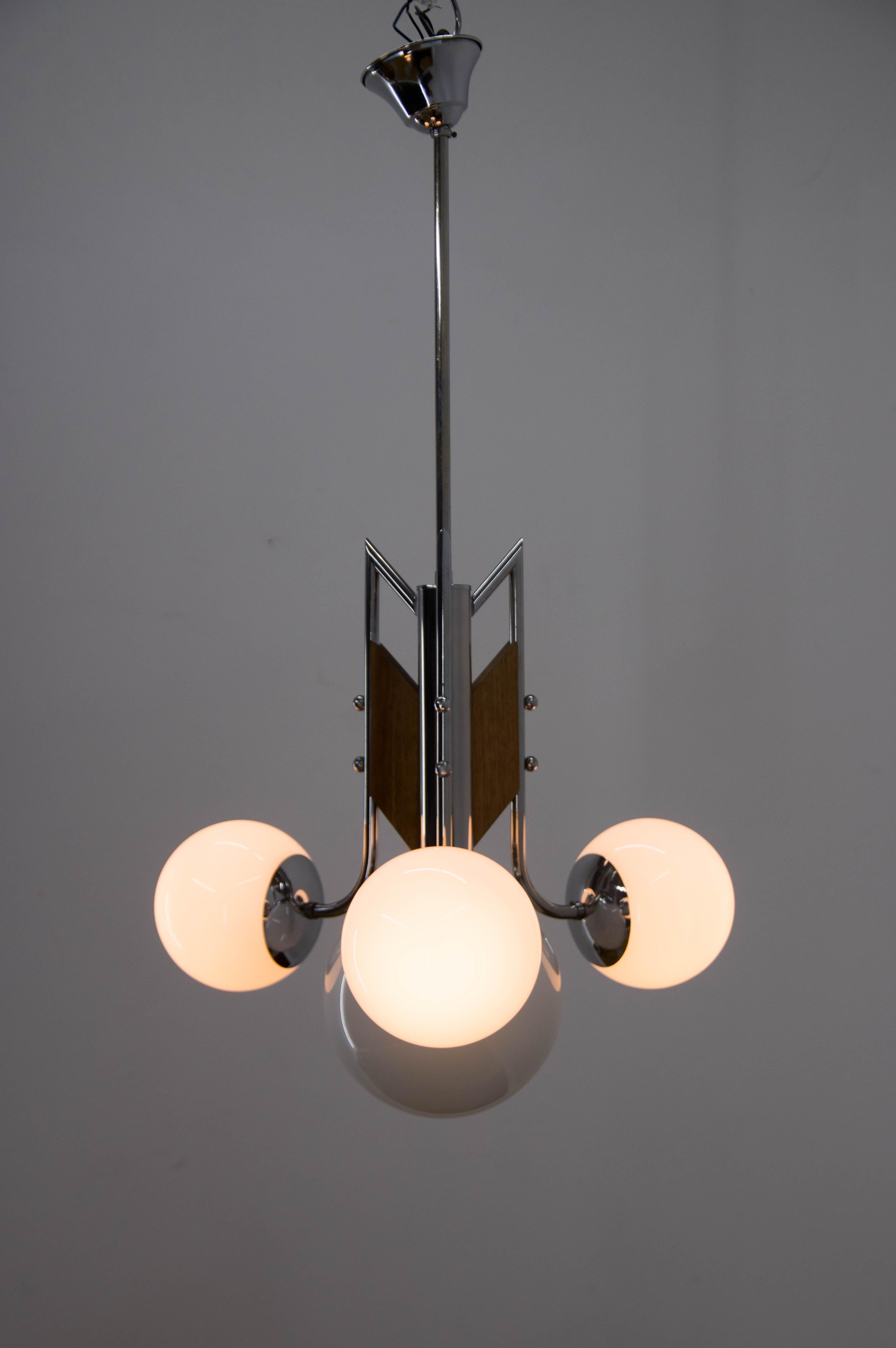 Wood and Chrome Functionalist Chandelier, 1940s For Sale 3