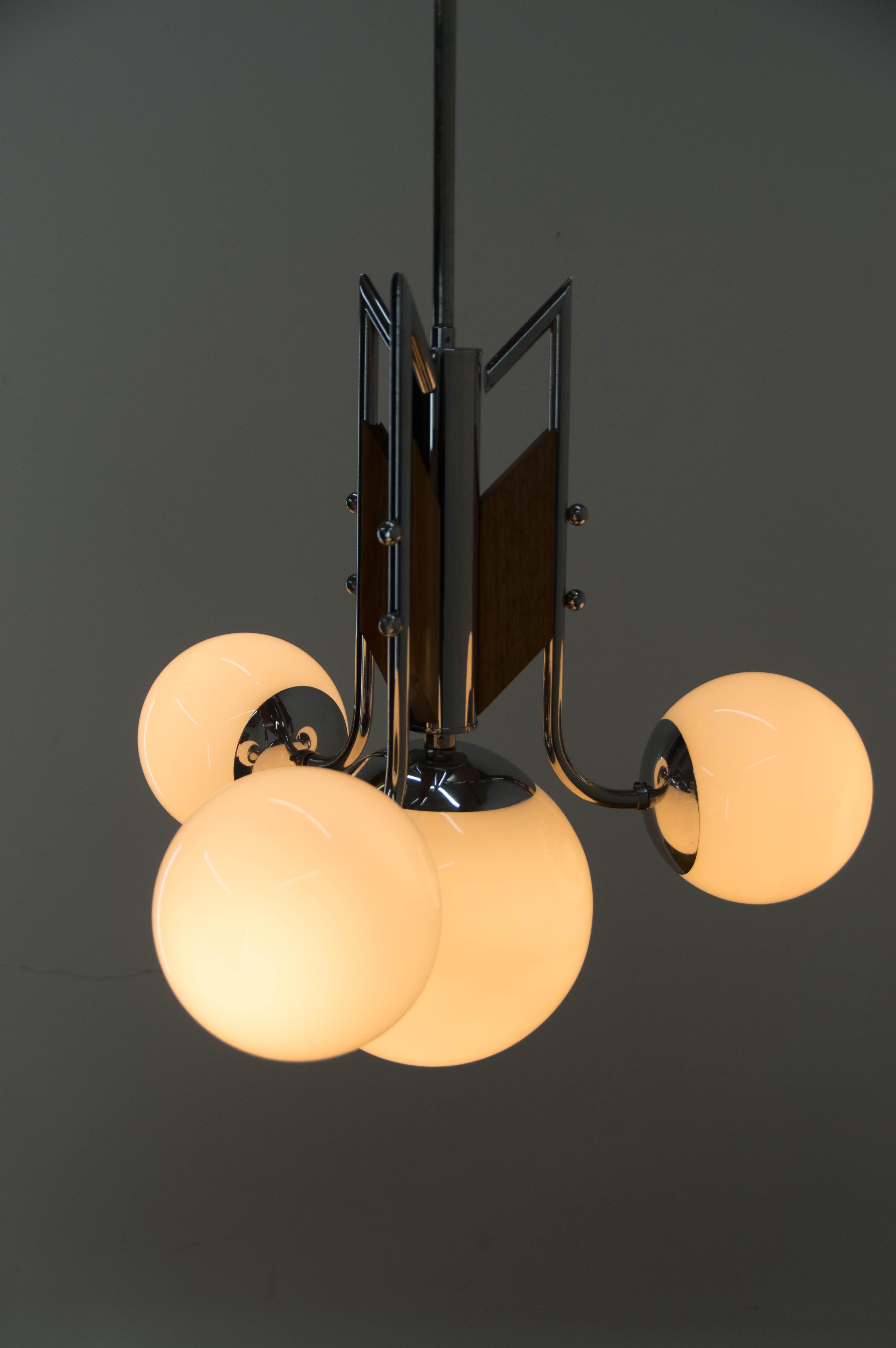 Bauhaus Wood and Chrome Functionalist Chandelier, 1940s For Sale