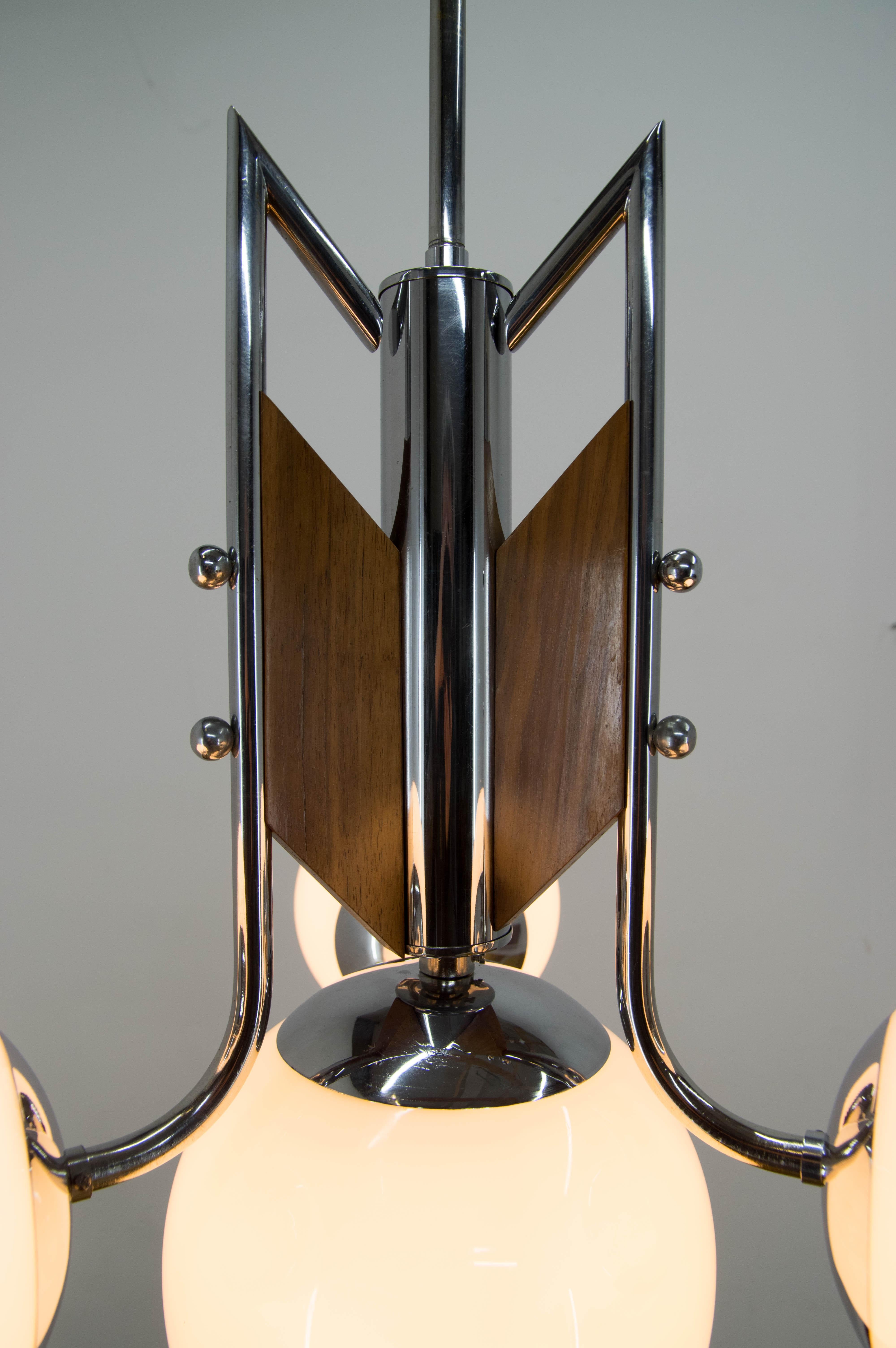 Czech Wood and Chrome Functionalist Chandelier, 1940s For Sale