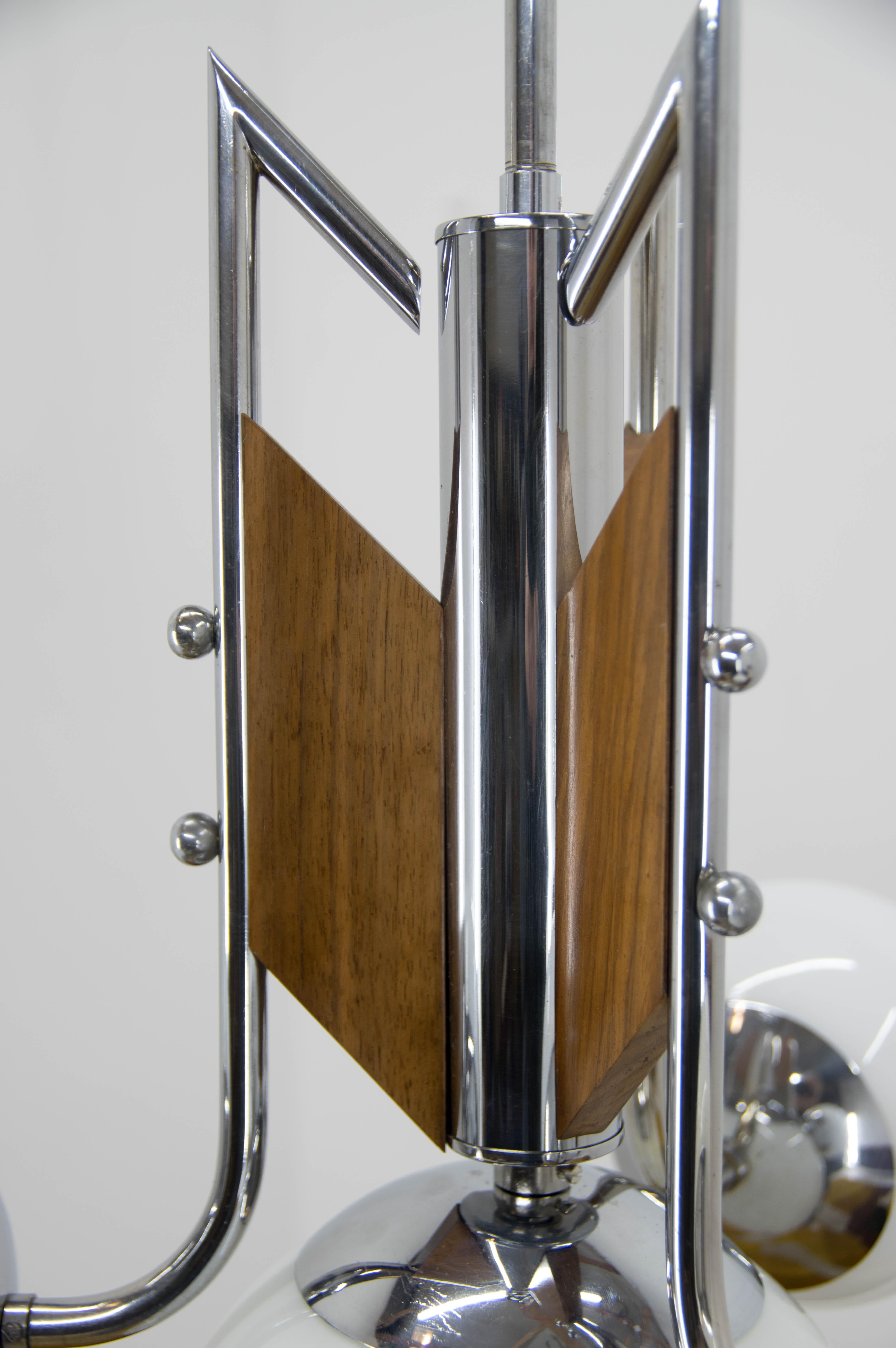 Mid-20th Century Wood and Chrome Functionalist Chandelier, 1940s For Sale