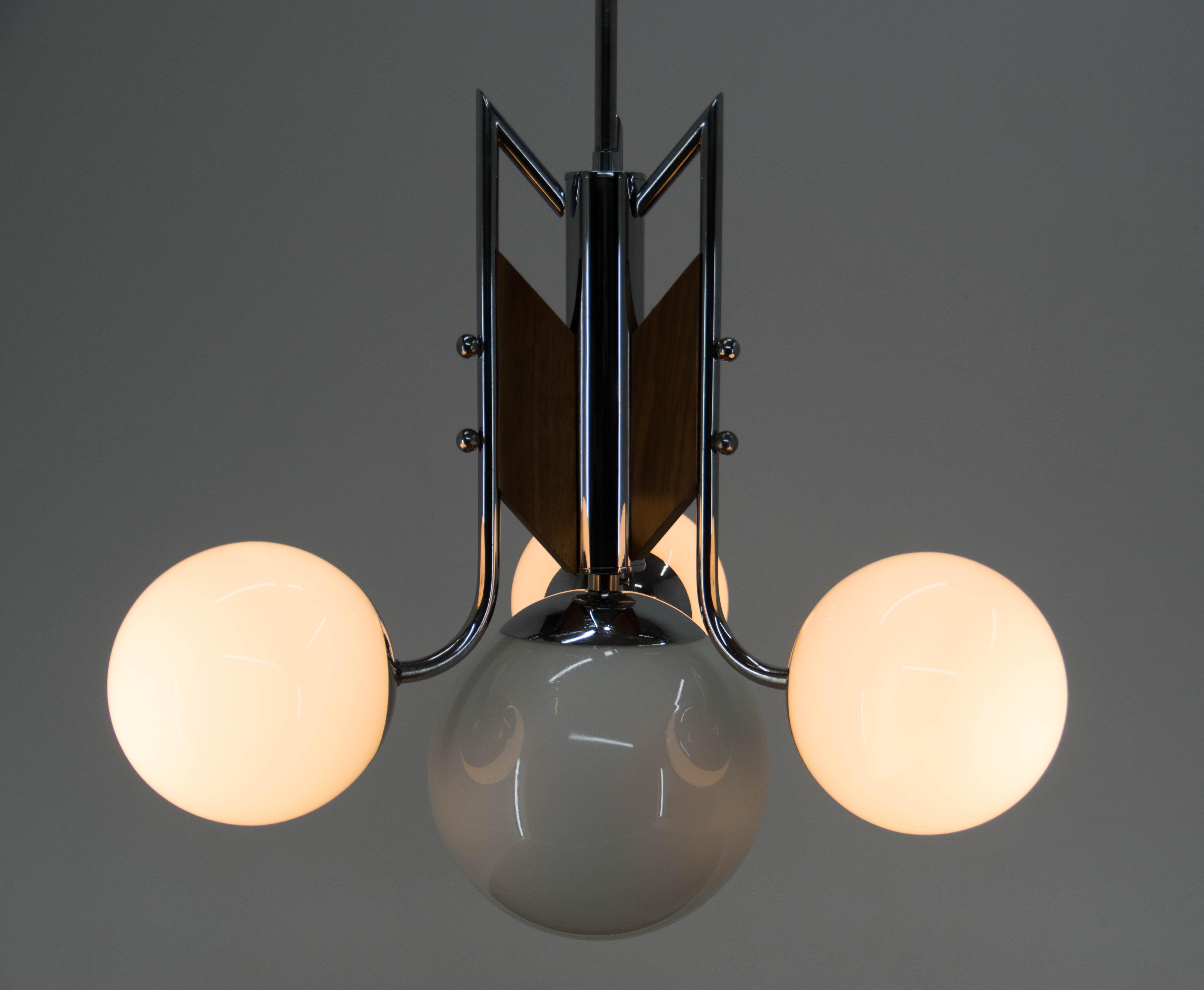 Opaline Glass Wood and Chrome Functionalist Chandelier, 1940s For Sale