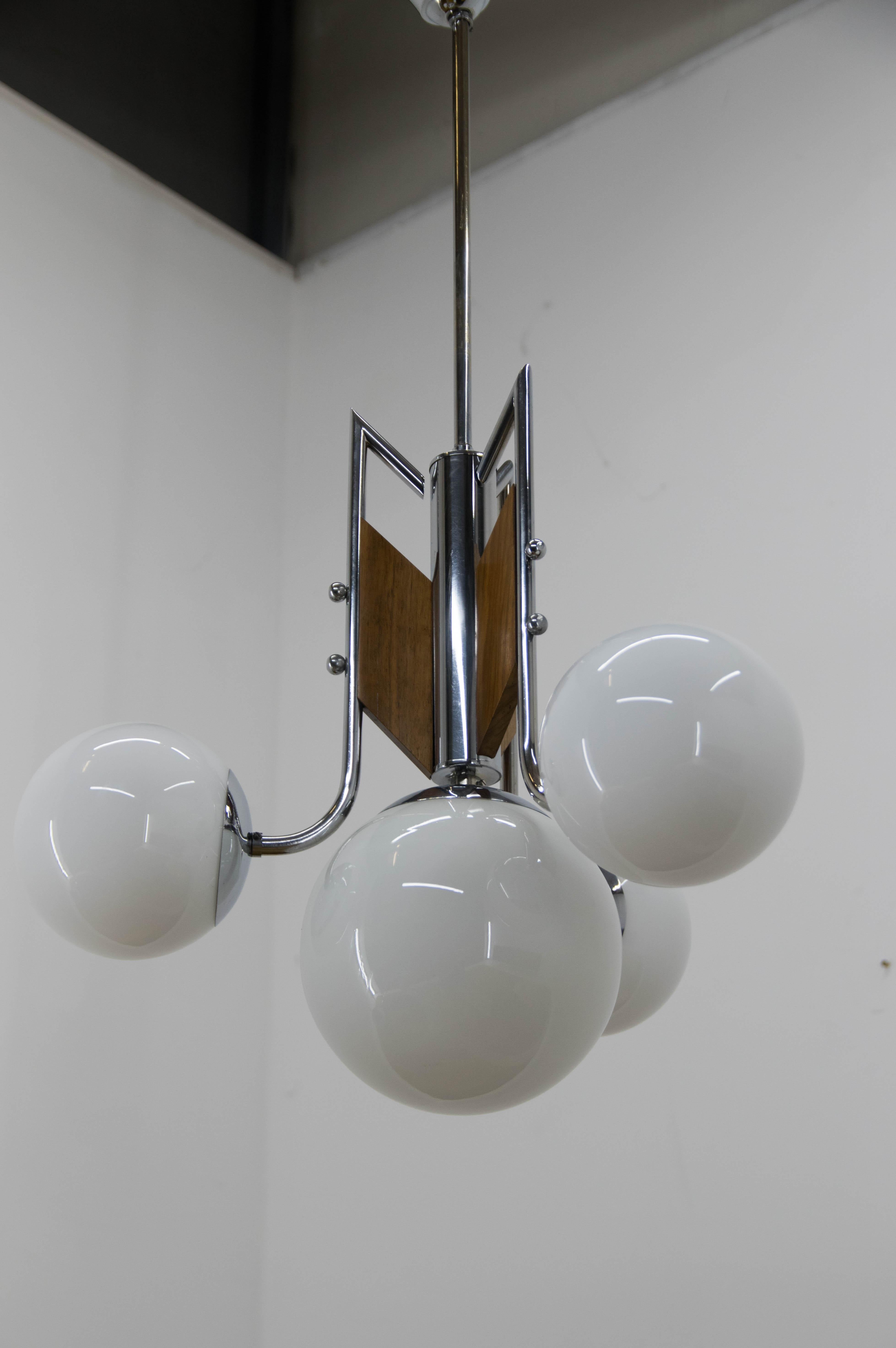Wood and Chrome Functionalist Chandelier, 1940s For Sale 1