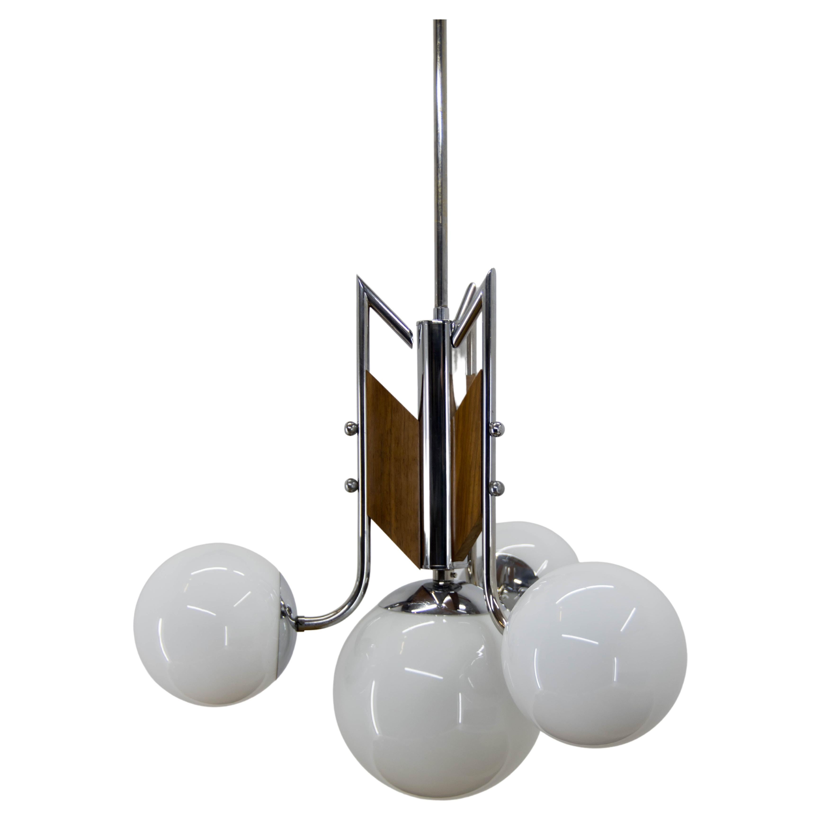 Wood and Chrome Functionalist Chandelier, 1940s For Sale